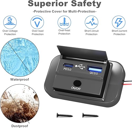 Miniatura 4 de 2 salidas USB RV de 12 V con interruptor de alimentación, 38 W Dual PD3.0 Tipo-C y carga rápida QC3.0 USB-A Puerto Montaje en panel con tapa,