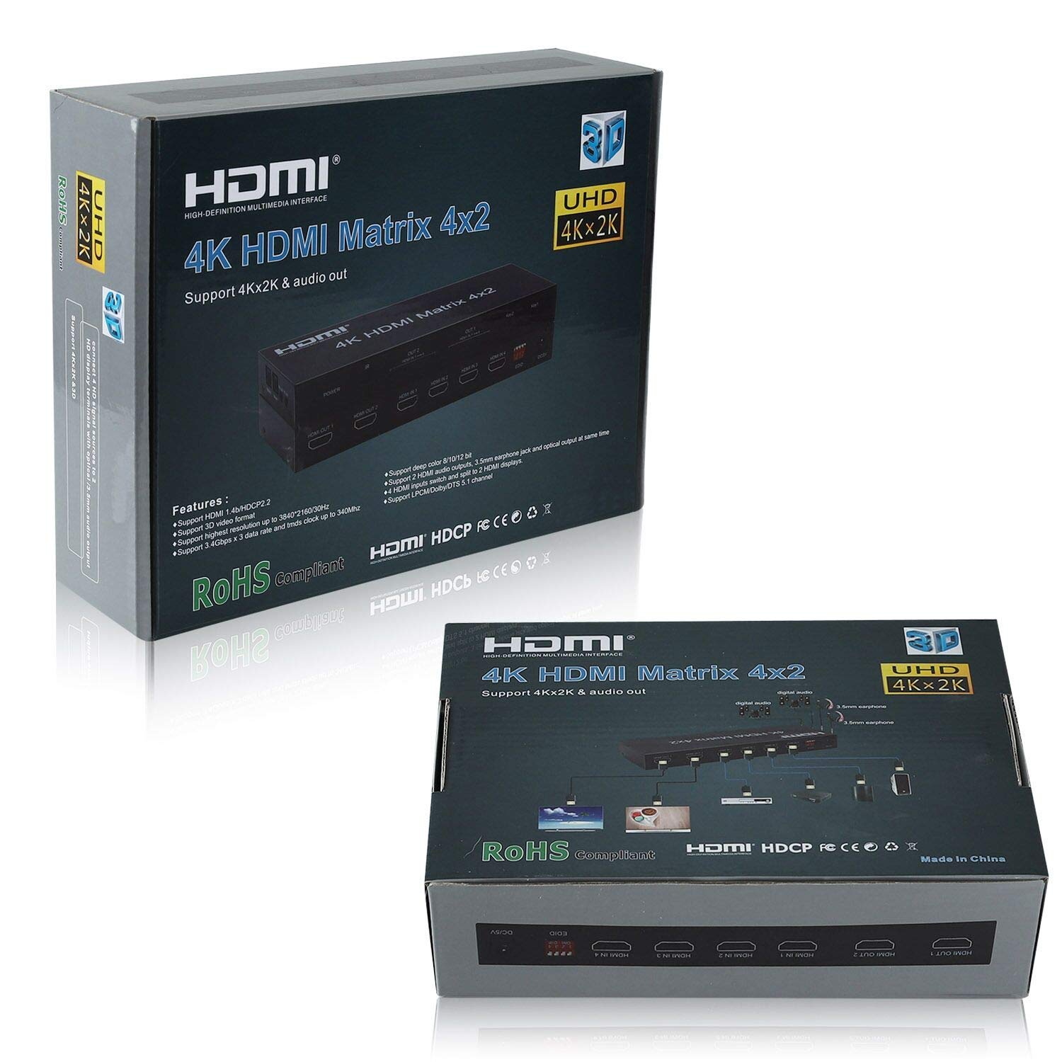Commutateur Matrix HDMI 4 x 2, commutateur vidéo HDMI + sortie optique et L/R, prise en charge Ultra HD 4K x 2K, 3D 1080p, extracteur audio EDID adaptateur d'alimentation
