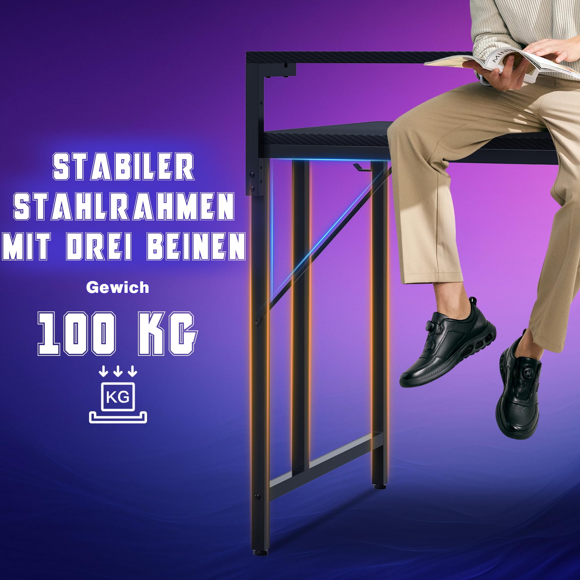 JUMMICO 140×60cm Gaming Tisch mit Steckdose & Lichtleiste, umkehrbarer computertisch mit Monitorständer, schubladen & Ablagefach, Kopfhörerhaken, Gaming Schreibtisch Carbon Fiber Schwarz