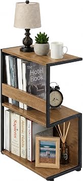 Bookshelf, Small End Table, S Shape Bookcase W/ 2-Layer Storage Shelves, Sofa Side Table for Small Spaces, Nightstand for Bedroom, Living Room, Stable Frame, Oak