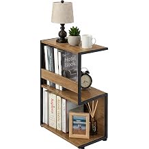 Bookshelf, Small End Table, S Shape Bookcase W/ 2-Layer Storage Shelves, Sofa Side Table for Small Spaces, Nightstand for Bedroom, Living Room, Stable Frame, Oak
