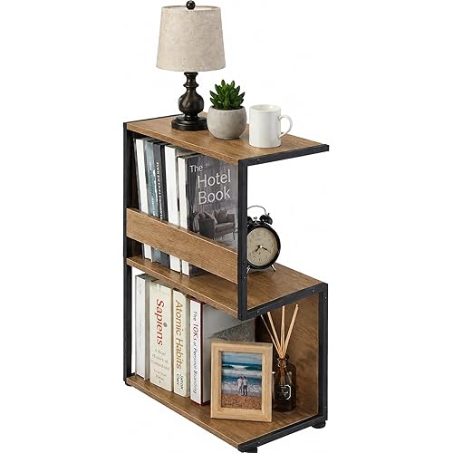 Bookshelf, Small End Table, S Shape Bookcase W/ 2-Layer Storage
