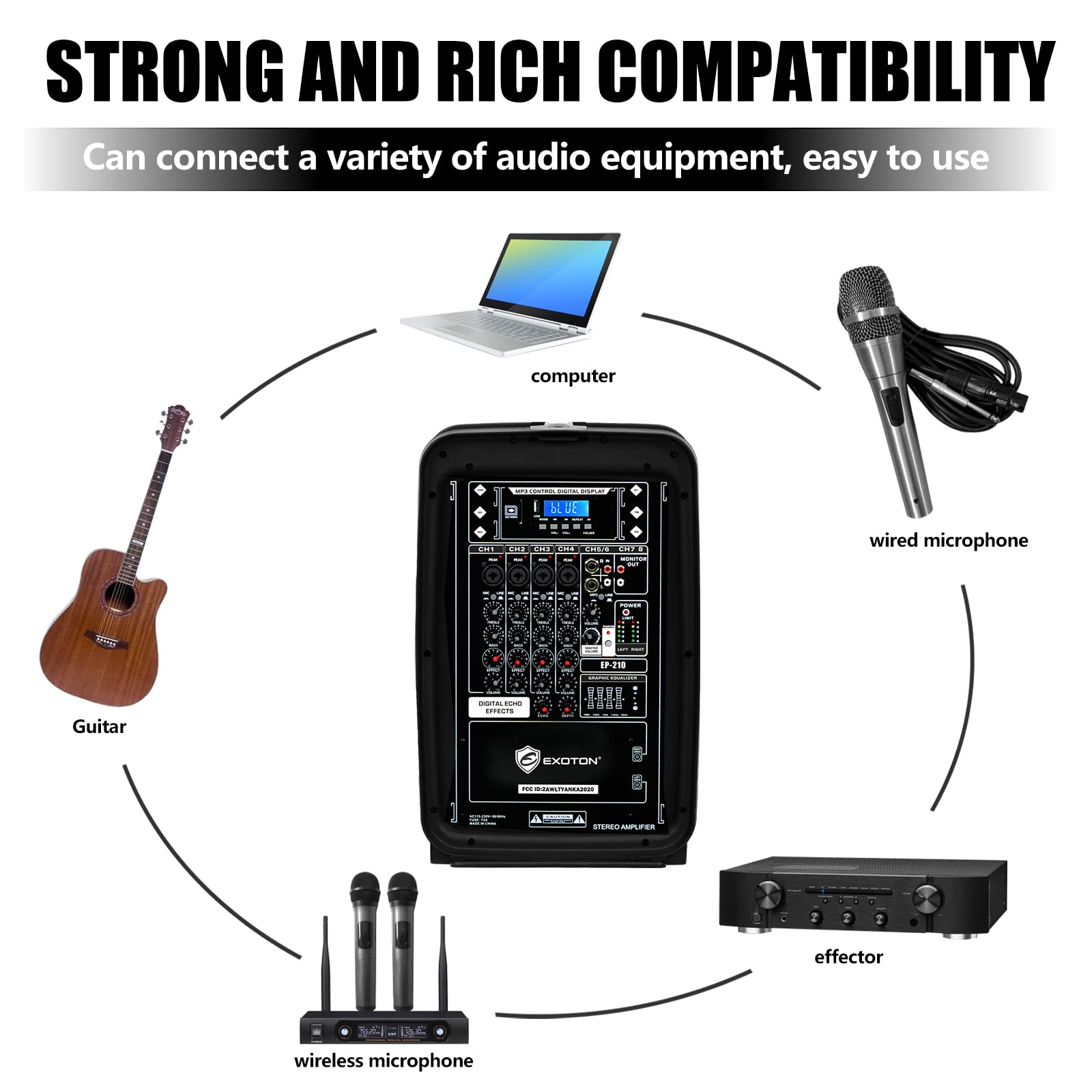 EXOTON 10inch PA System with 8-Channel Mixer,Portable 600W Bluetooth Speakers,USB/SD/FM/5-band EQ, Includes 2 Speaker Stands/Mic/48V Phantom Power,for Indoor&Outdoor