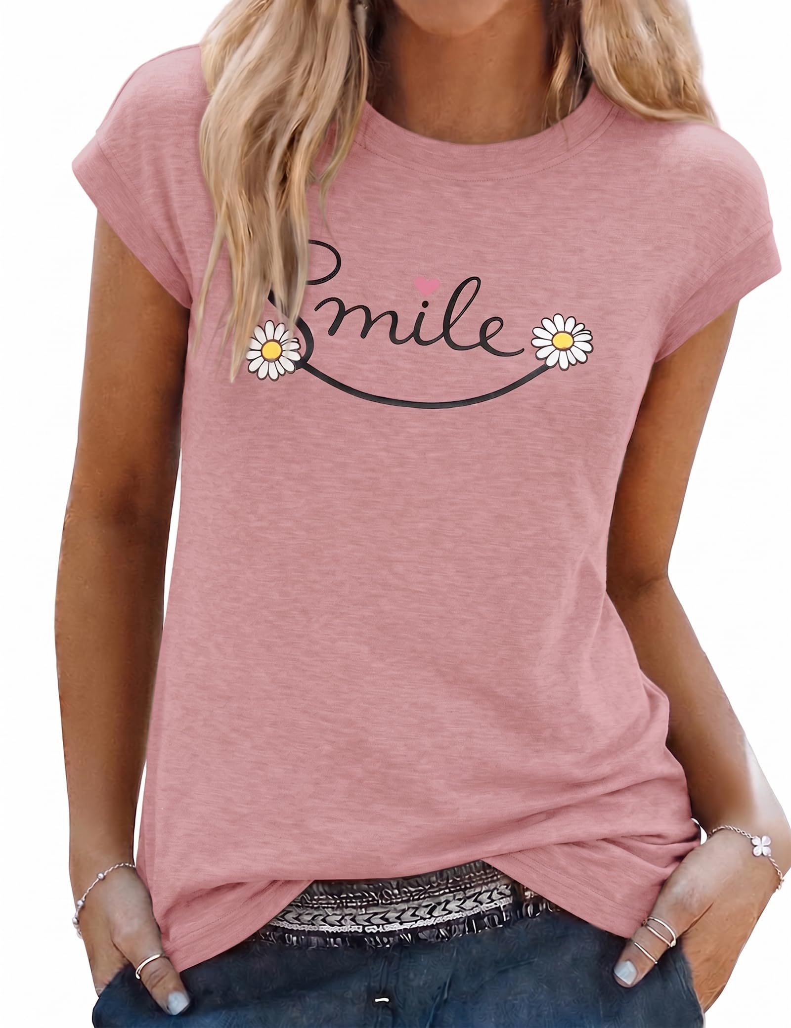 Aottori T-Shirt Damen Rundhals Kurzarm Blumenprint Locker | Smiley Grafik Oberteil, Lässiger Freizeitlook, Schriftzug Detail, Leichte Sommermode, Wochenende Reise