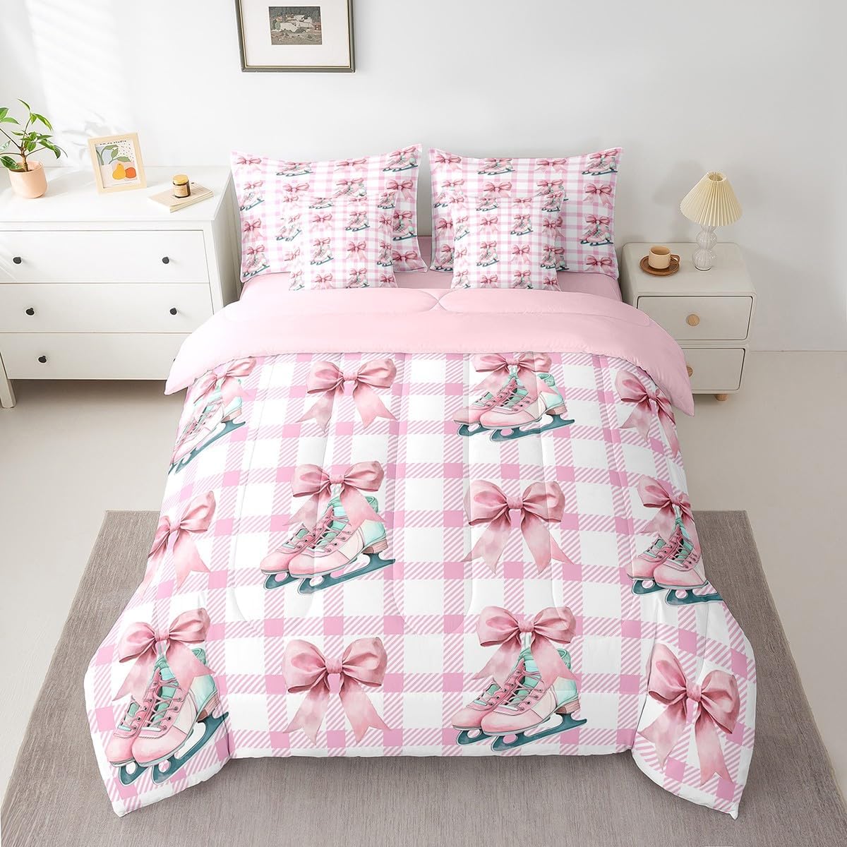 Manfei Ice Skates Bed Set in a Bag 7 Pcs,Pink Bowknot Princess Style Bow Bedding Set,Winter Skating Sports Pink White Plaids Patchwork Comforter with Fitted,Flat Sheet,Pillowcase,Pillow Covers,Twin