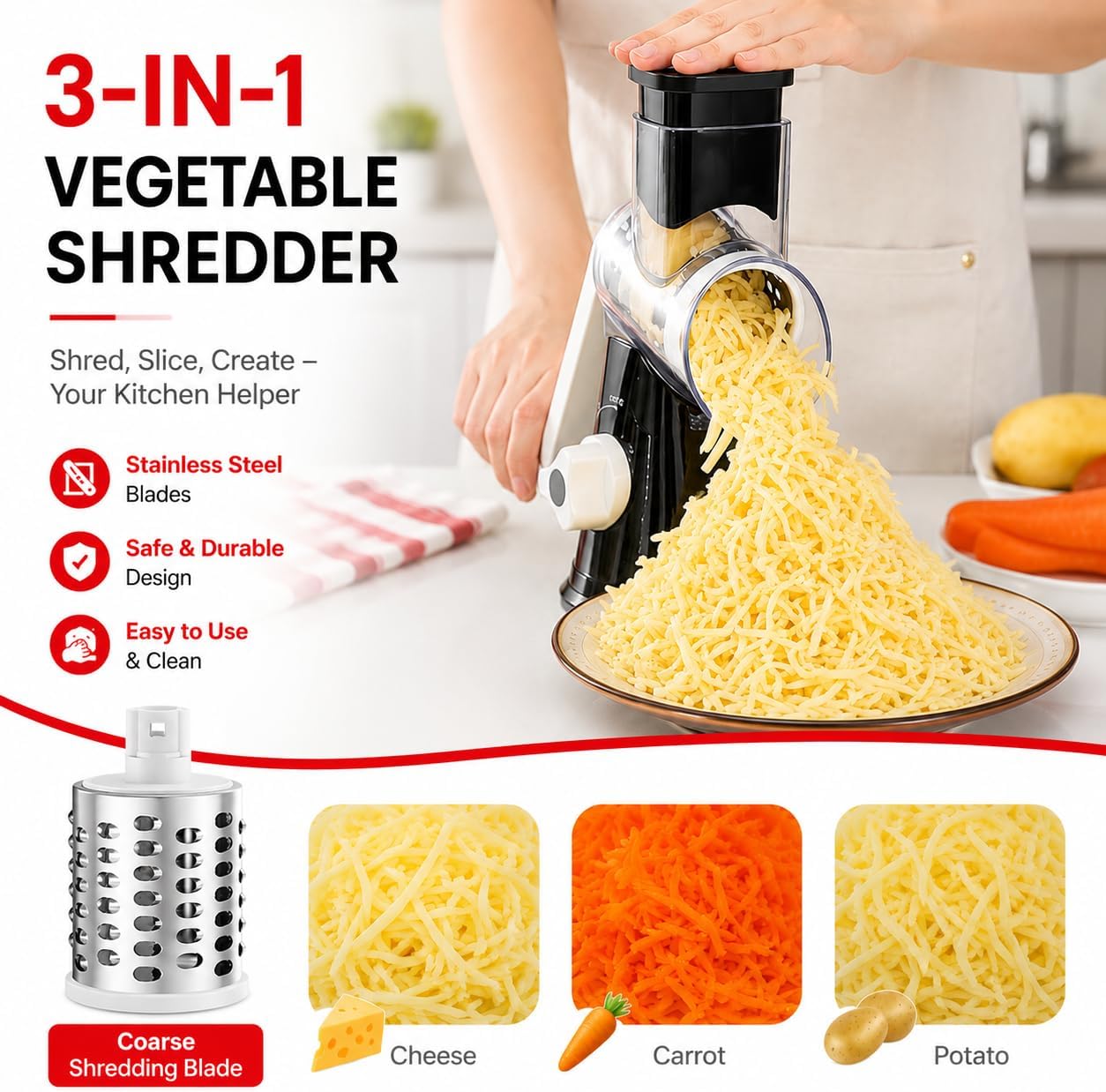 Rotary Cheese Grater, Hand Crank Vegetable Slicer, 3 Blades & Suction Base