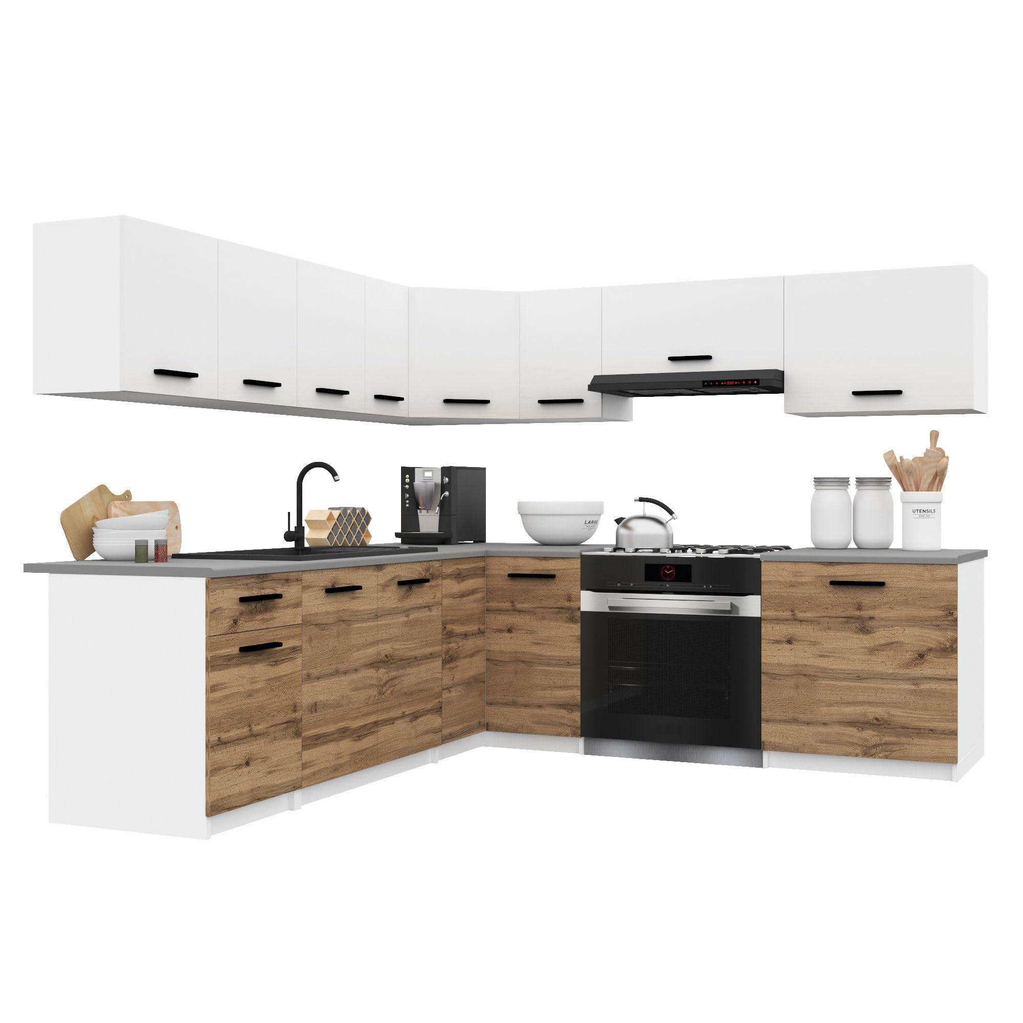 Belini Italia 7 Narożna szafka kuchenna 420 cm biało-brązowy złoty matowy | Narożna szafka kuchenna, białe skrzynki, ECONATURA DECOR odporna na zarysowania, bez sprzętu AGD, z blatem roboczym