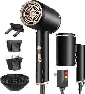 Foldable Portable Ionic Hair Dryer 1600W - Compact Mini Blow Dryer with Diffuser, Concentrator & Comb Nozzle, Intelligent Temperature Control, Low Noise for Home/Salon/Travel