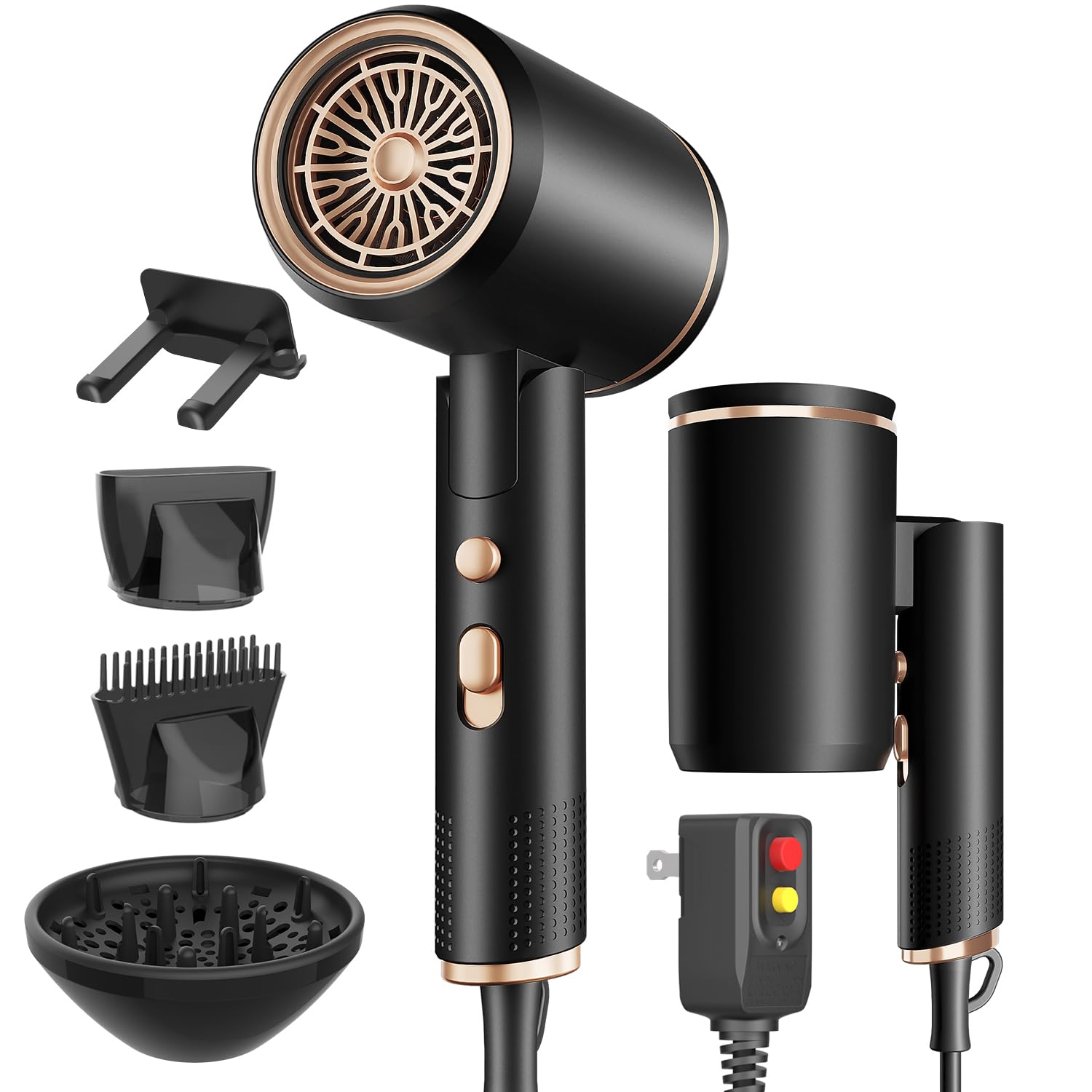 Foldable Portable Ionic Hair Dryer 1600W - Compact Mini Blow Dryer with Diffuser, Concentrator & Comb Nozzle, Intelligent Temperature Control, Low Noise for Home, Salon & Travel (Black)