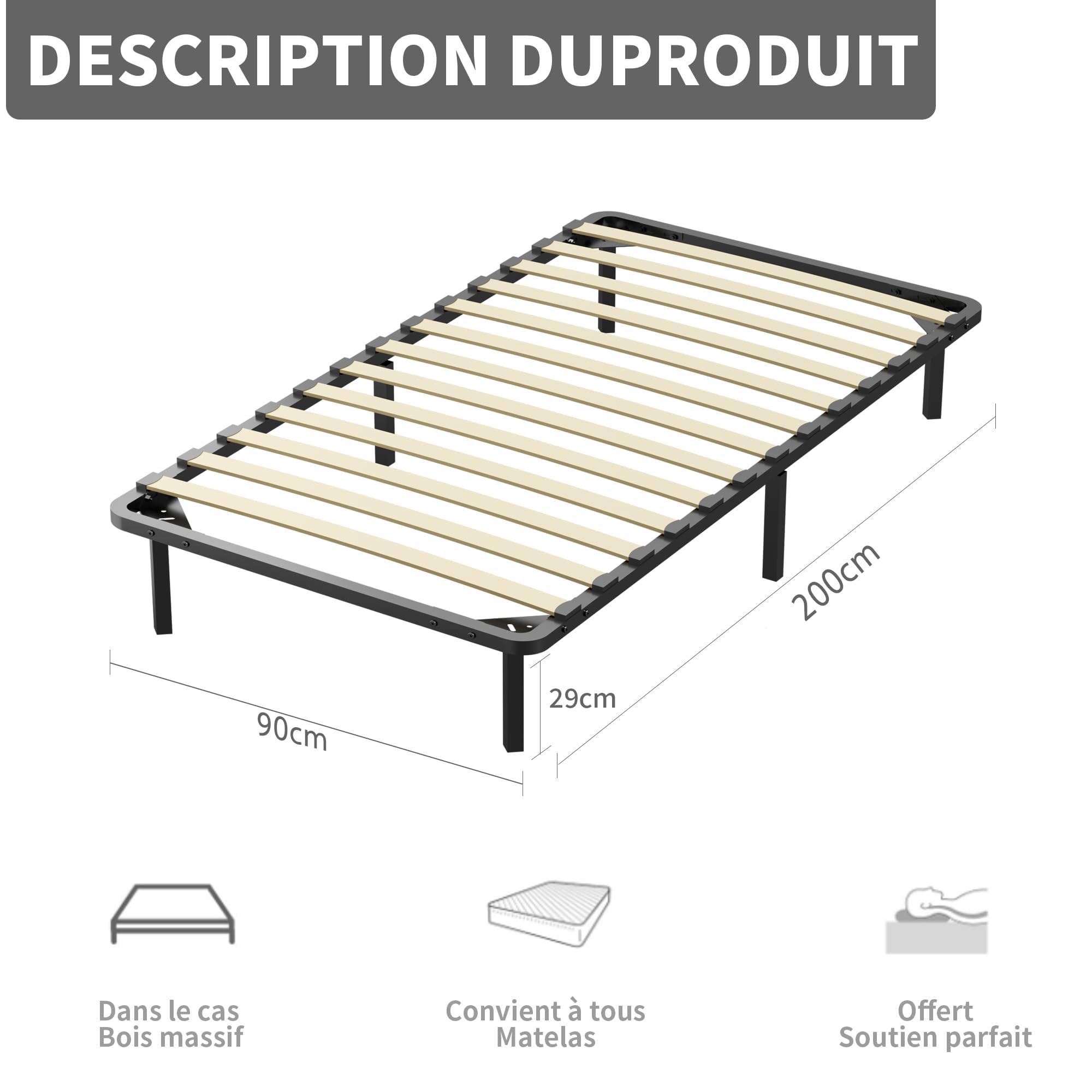 Stanew - Sommier 90x200cm avec 6 Pieds - 1x13 Lattes - Lit avec Sommier à Lattes pour Adulte - Résistant et Confortable