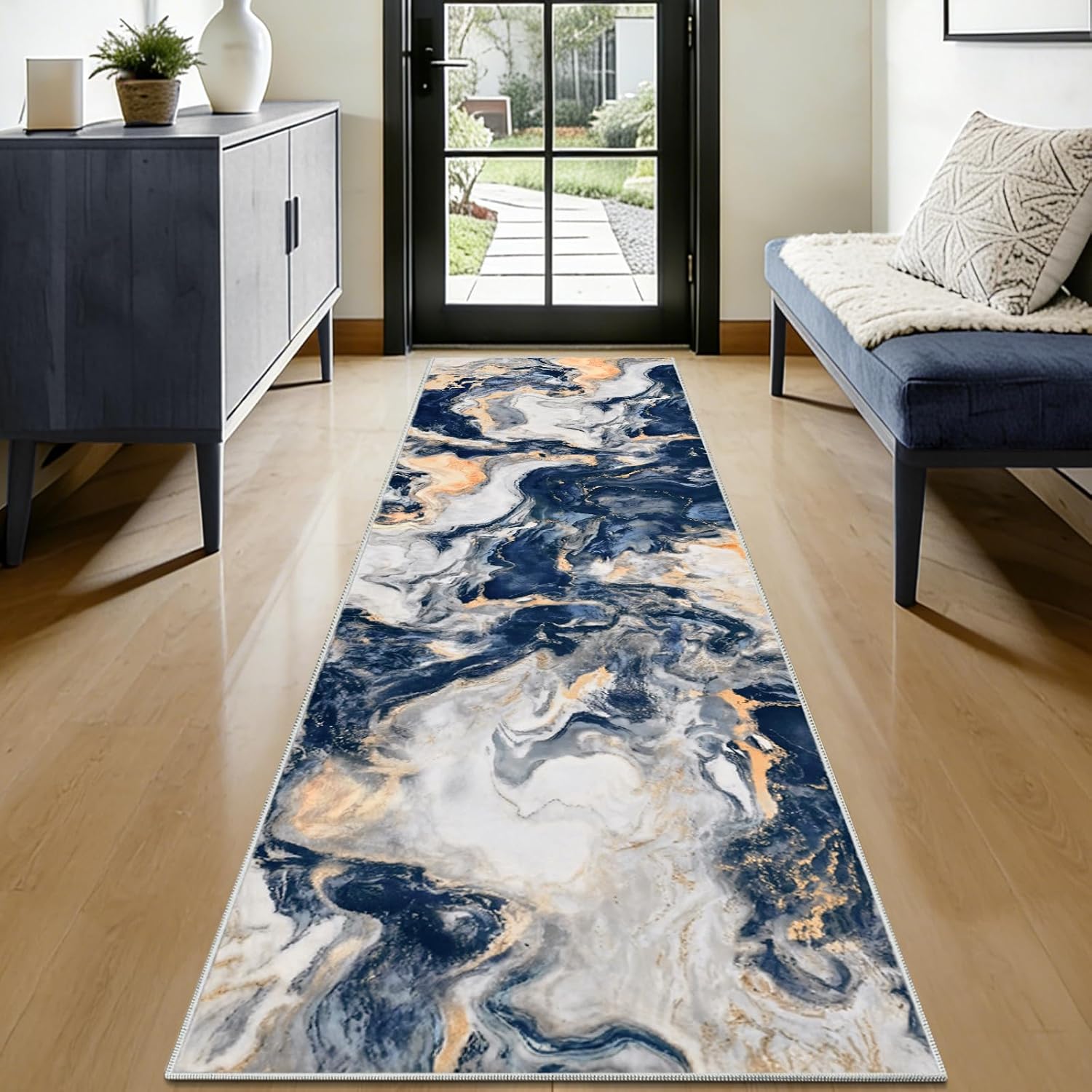 Yinhua 2x7'3 Runner Rug for Hallway, Marble Rug Runners for Kitchen, Soft Faux Wool Washable Area Rugs, Modern Runner Rugs Non Slip, Blue and Gold Abstract Carpet for Entryway Laundry Bathroom