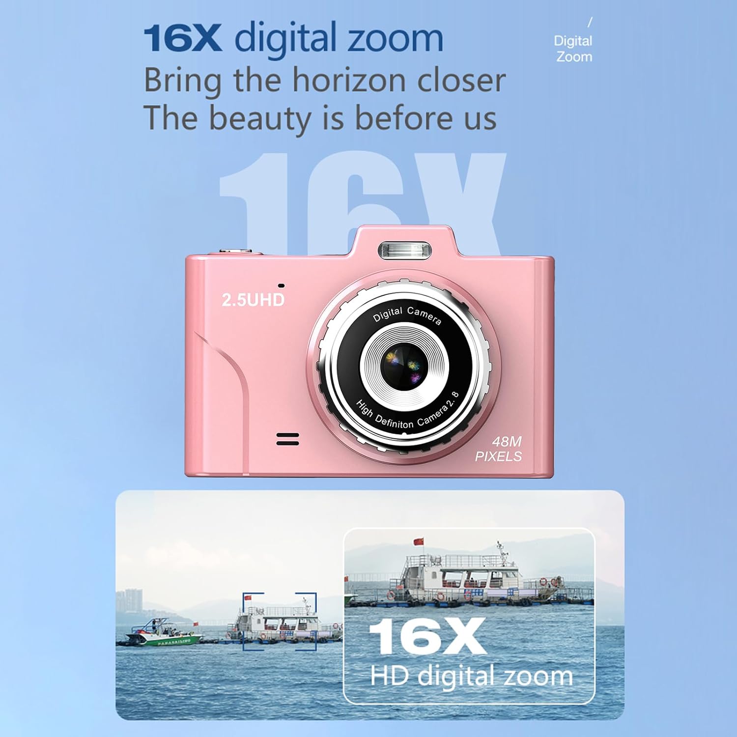 Digital Video Camera for Kids, 48MP CCD, 2.5K UHD, 2.8 Inch Screen, 16X Zoom - Anti - Shake Technology, Built - in LED Light, Ideal Gift for Teens and Students (Pink)