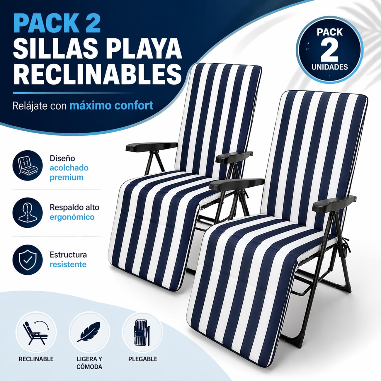 TIENDA EURASIA – Pack 2 Tumbonas Plegables de Camping | Diseño Marinero | 5 Posiciones Reclinables | 84x58x106 cm | Estructura de Aluminio | Soporta hasta 100 kg | Tejido Resistente | Playa y Jardin