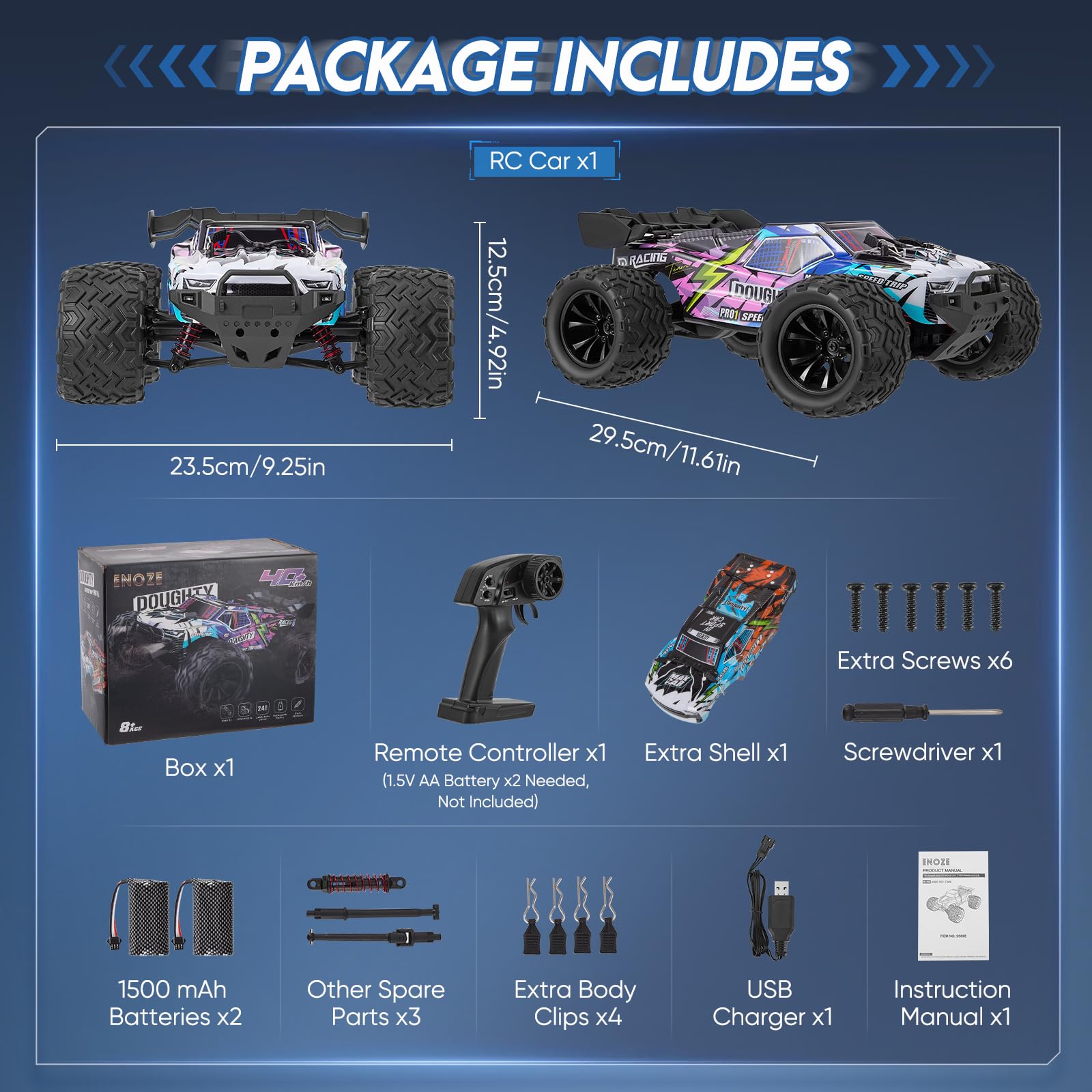 Coche teledirigido, 4WD RC Auto 1:16 60 + km/h, Alta Velocidad, 2,4 GHz, Coche de Carreras, Impermeable, Todoterreno, Juguete para Regalo, Doble Cuerpo 9501E