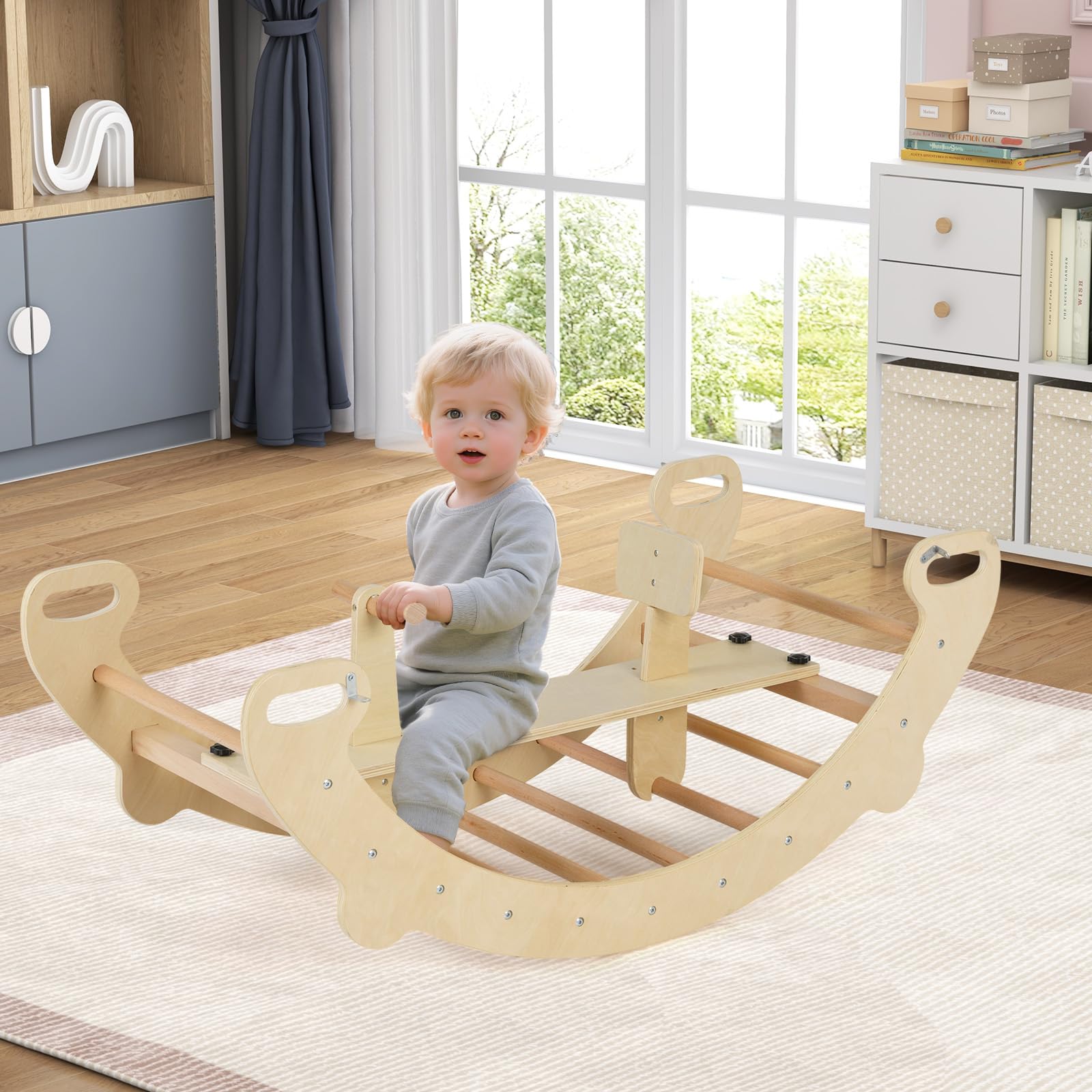 COSTWAY Arco de Escalada para Niños Montessori, 4 en 1 Juguetes de Escalada de Madera, Juego de Interior con Escalador de Arco, Balancín, Túnel para Gatear, Respaldo y Asiento Lisos (Natural)