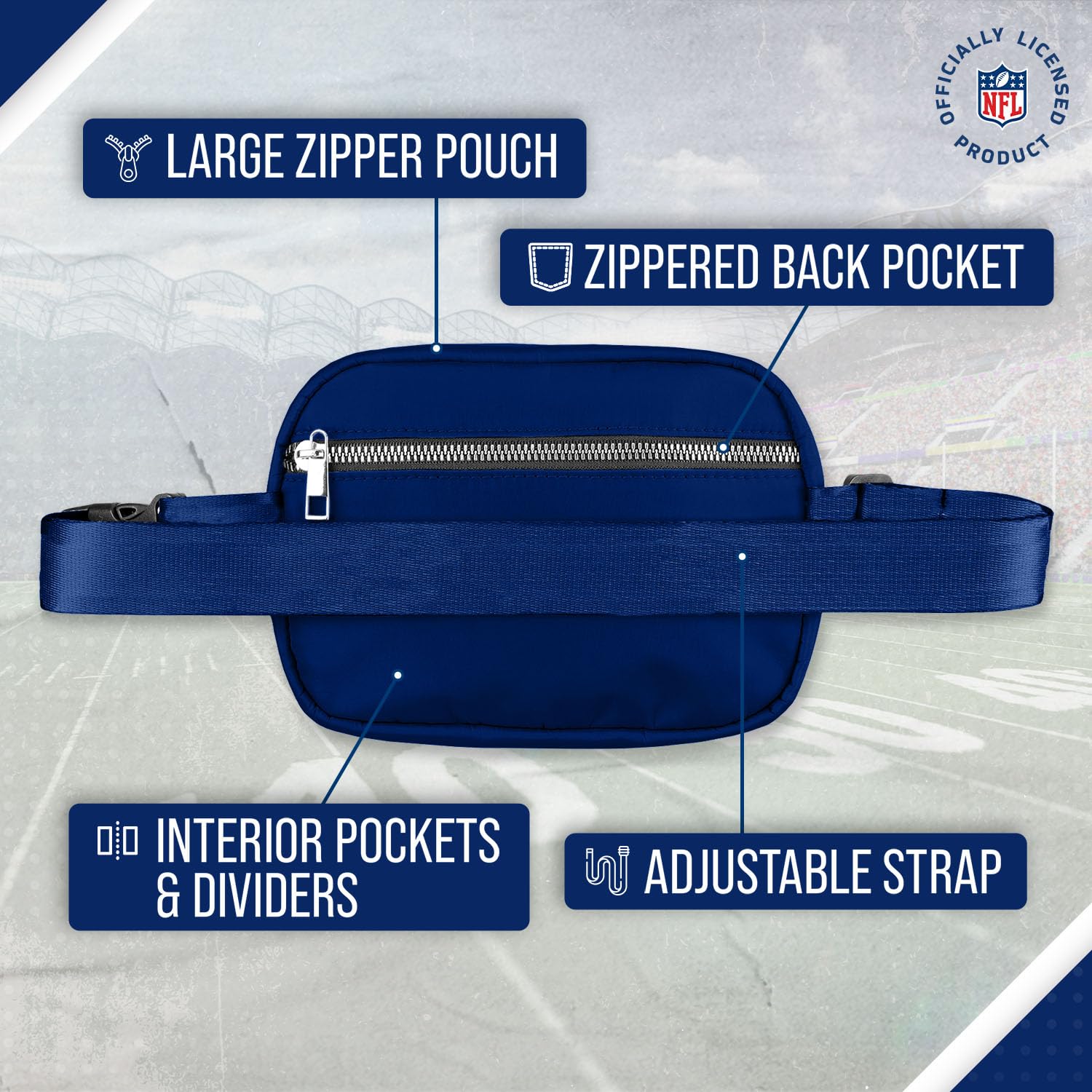 FOCO NFL Gameday On The Move Crossbody Gürteltasche - Offiziell lizenziert - Stadiongenehmigt - Verstellbar & Stilvoll, Königlich (Royal), Einheitsgröße