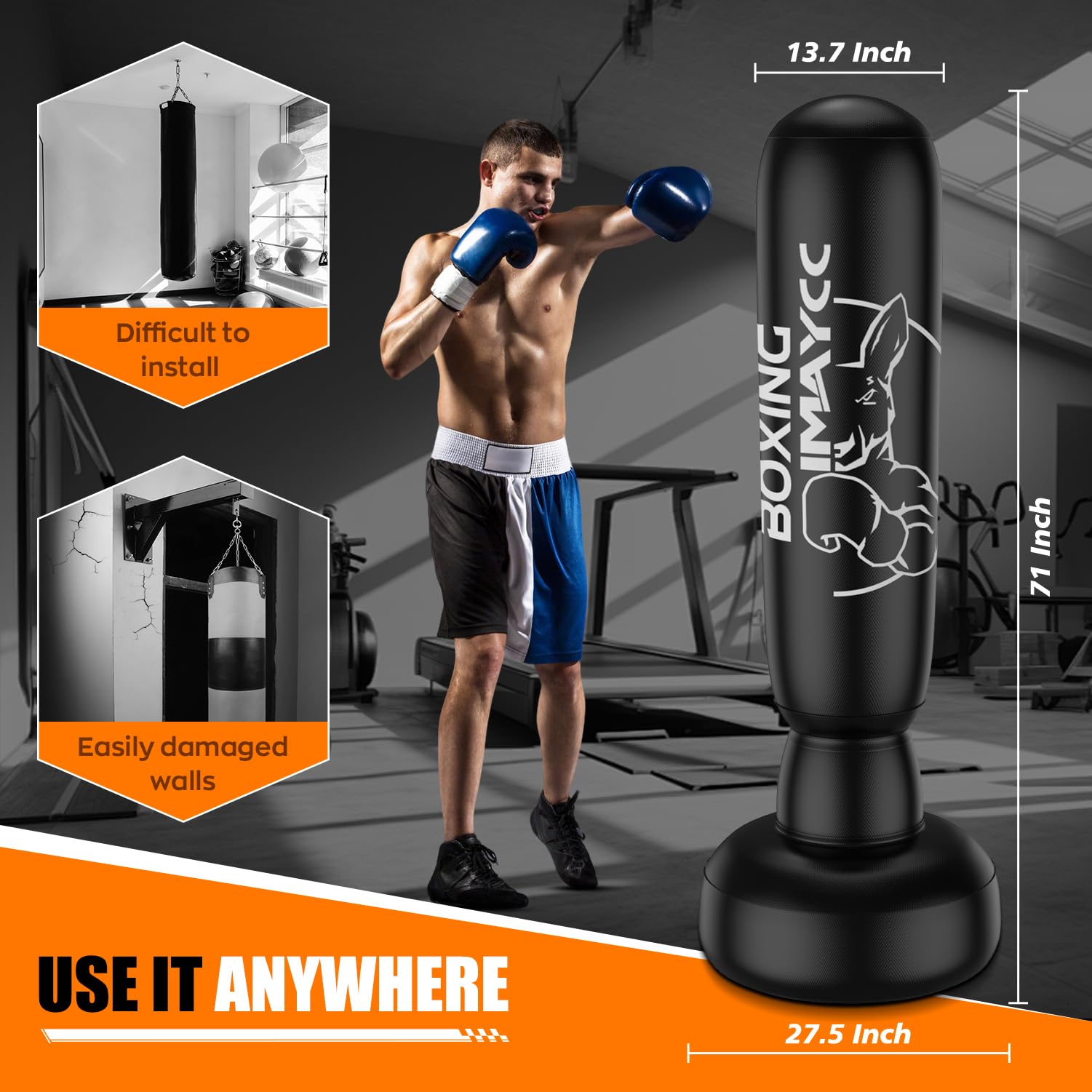 Sacco da boxe autoportante per adulti e adolescenti, sacco da boxe in PVC ispessito da 180 cm per adulti, sacco da boxe pesante, sacchi da kickboxing per muay thai, mamme, allenamento di boxe, fitness