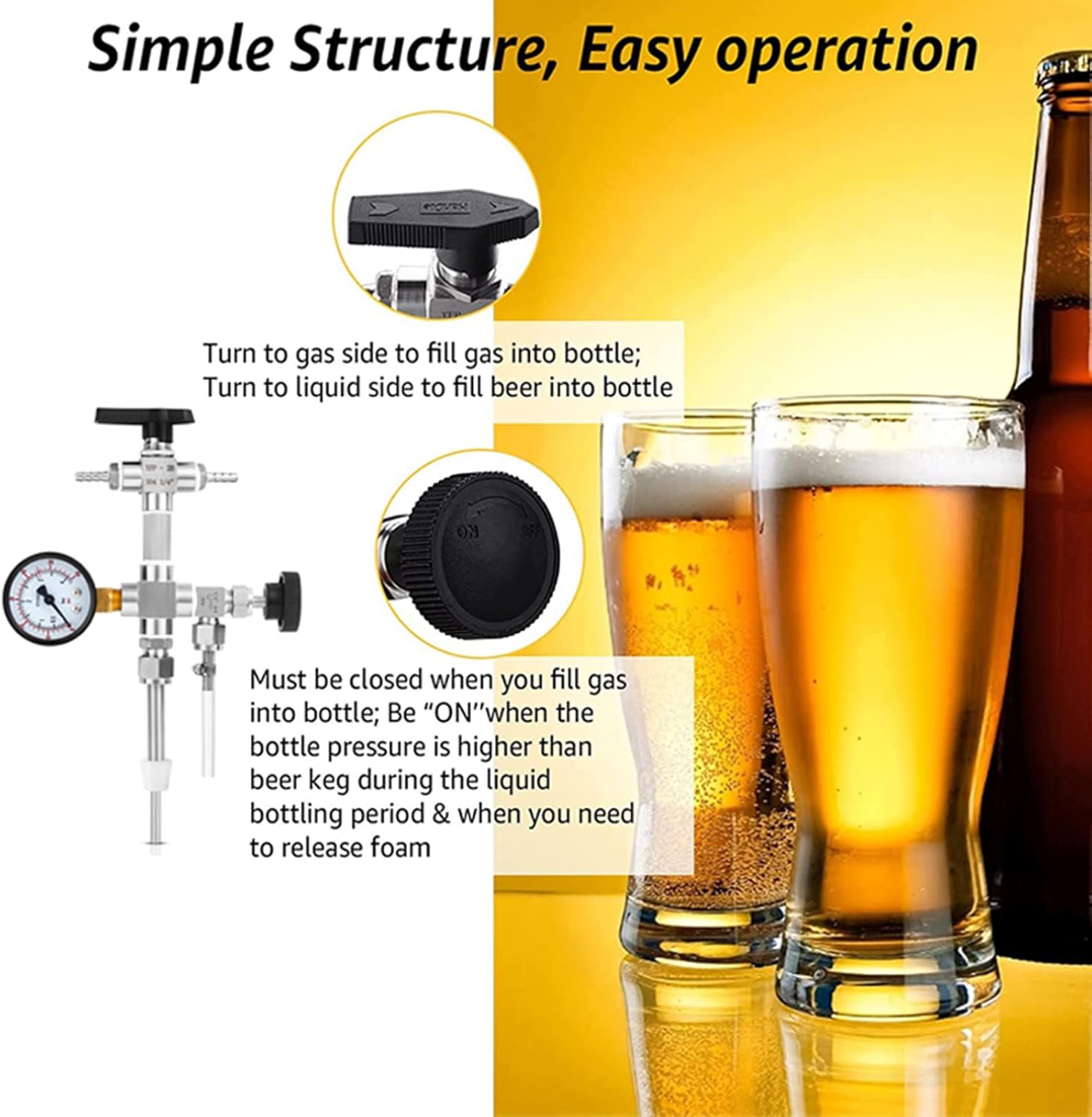 AIZYR Counter Pressure Bottle Filler with 0-60 psi Monitoring Pressure Gauge, CO2 Beer Bottle Growler Filler 304 Stainless Steel Beer Homebrew Tool Kit