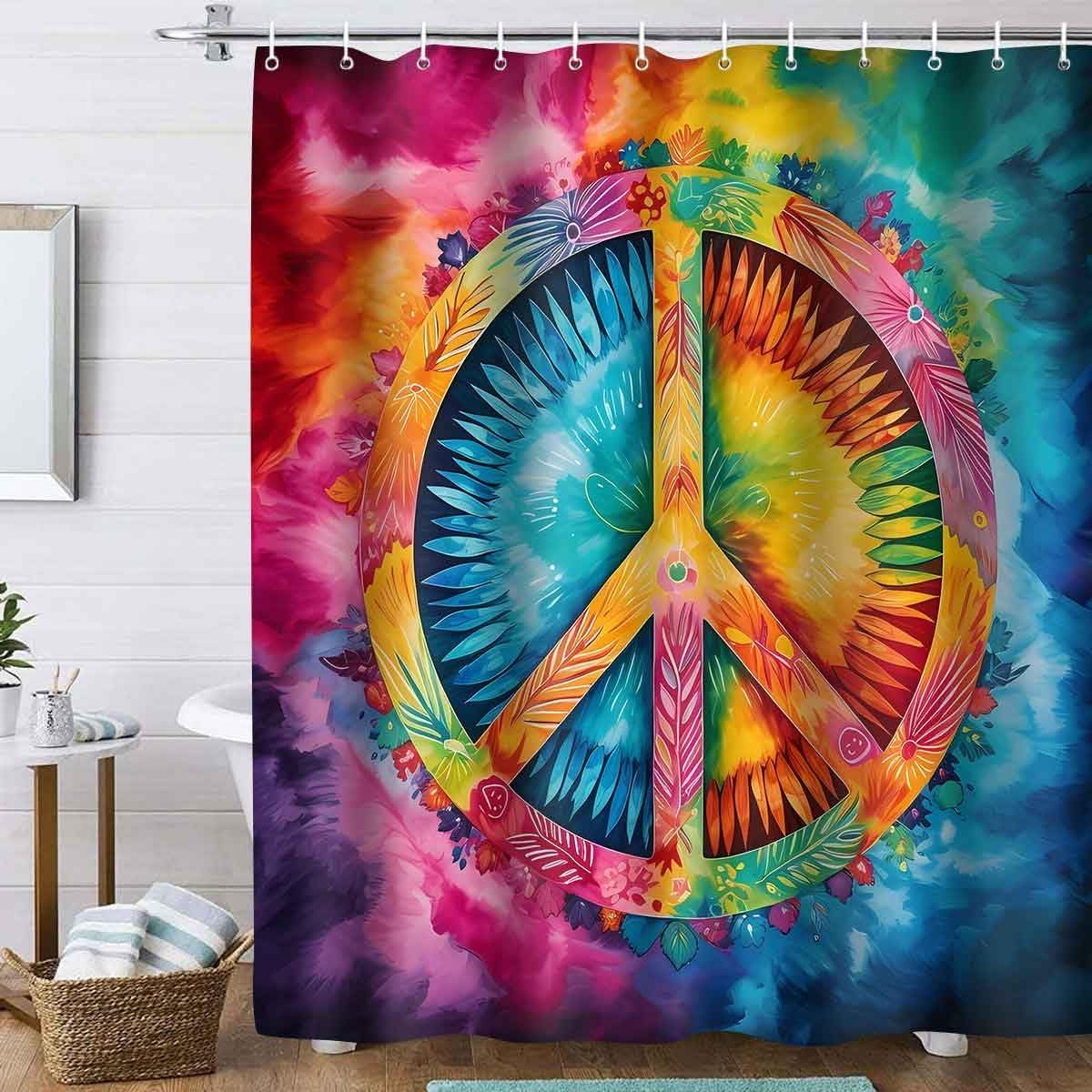 Peace Symbol Shower Curtain, 72x72 inch Polyester, Colorful Watercolor Tie Dye Hippie Peace Sign Bathroom Shower Curtains Decor Set with 12 Hooks YLDWTP0588