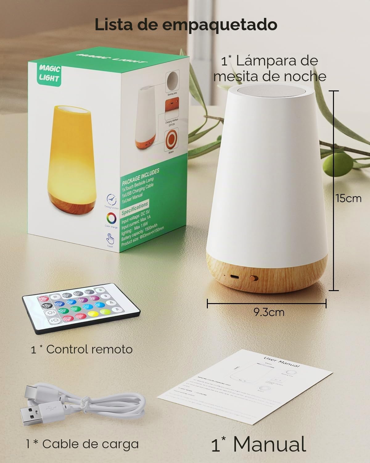 Bonsery Juego de 2 lámparas LED para mesita de noche, táctil, regulable, USB, recargables con mando a distancia, luz nocturna para niños con 13 colores, 3 modos, lámpara de mesa inalámbrica con