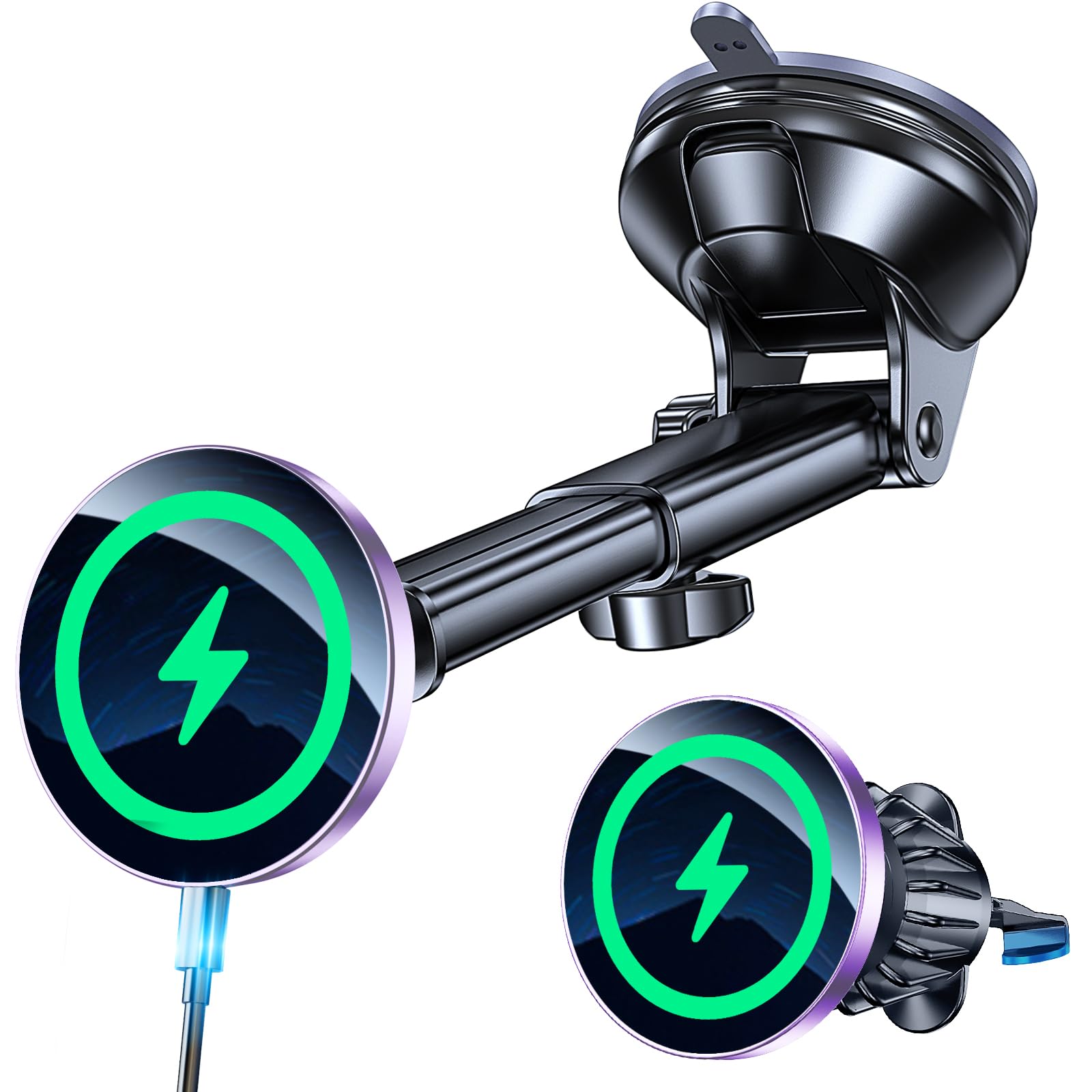 Coolpow for MagSafe Car Mount Charger【Ultra Magnet】 Magnetic Phone Holders for Your Car Charger【Windshield+Vent+Dash】 Magnetic Wireless Car Phone Holder Charger Car Mount for iPhone 17 (Purple)