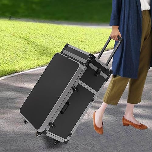 Miniatura 9 de Estuche de maquillaje grande con ruedas para profesionales, organizador de cosméticos móvil de 4 ruedas con mesa de belleza plegable, luces LED