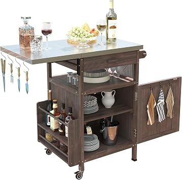 Outdoor Grill Cart with Storage, BBQ Table for Patio, Stainless Steel Outdoor Prep Table with Wheels Brown + Wood + Stainless Steel