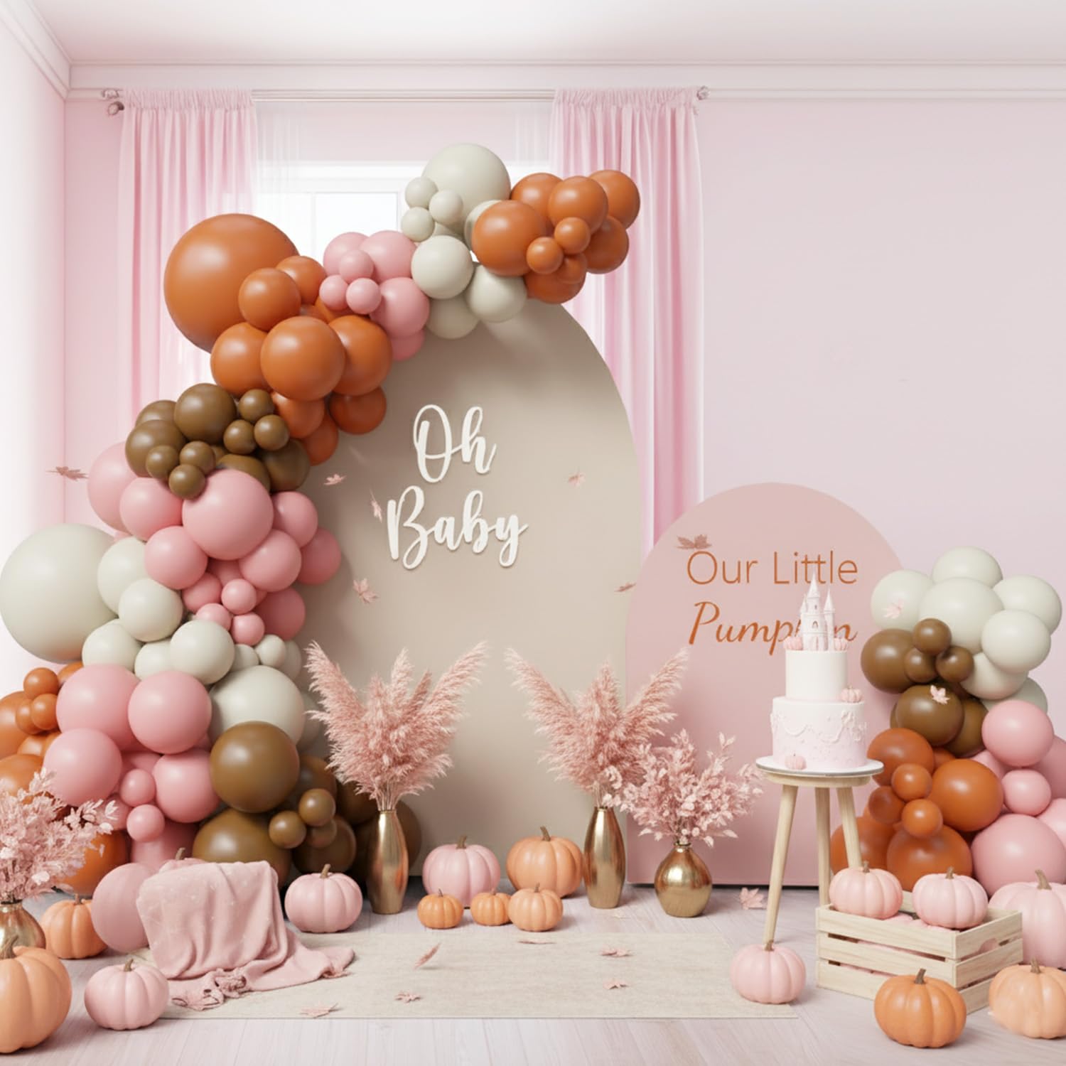 Kit d'arche de ballons en forme de citrouille rose, sable rose, blanc, orange brûlé, marron, décorations de fête prénatale pour fille, fournitures de fête d'anniversaire, guirlande de ballons bohème