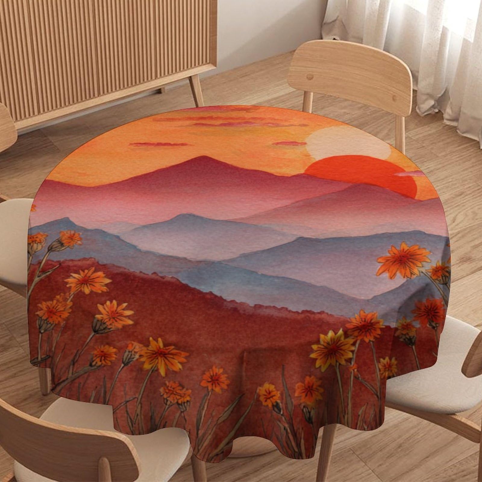 LUYYSKY Beautiful Abstract Sunrise Scenery Waterproof Round Tablecloth Classic Watercolor Natural Landscape Plant Daisies Floral Pattern Washable Table Cover for Kitchen-127 Wx127 L cm