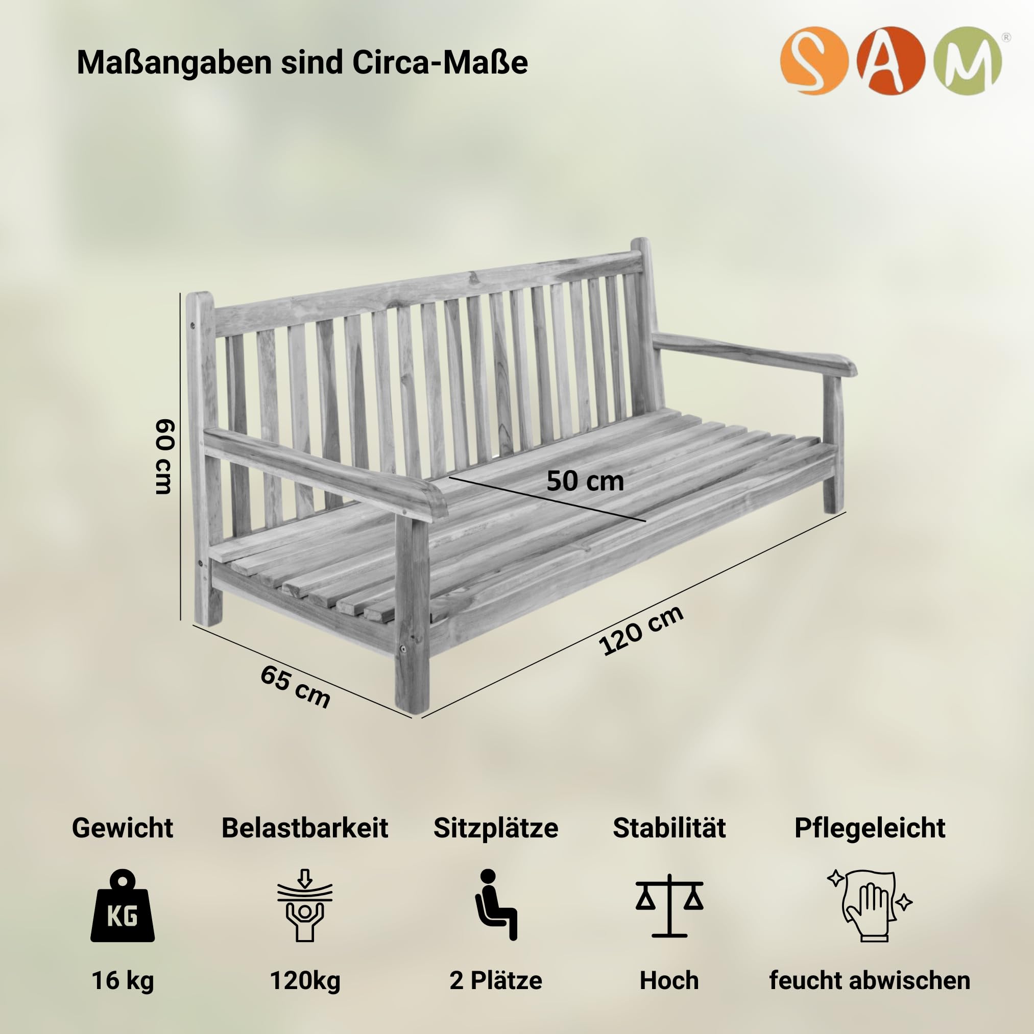 SAM 2-Sitzer Gartenschaukel Susana, hängende Bank 120 cm, Teakholz massiv, Schaukelbank für den Garten, pflegeleichtes Unikat