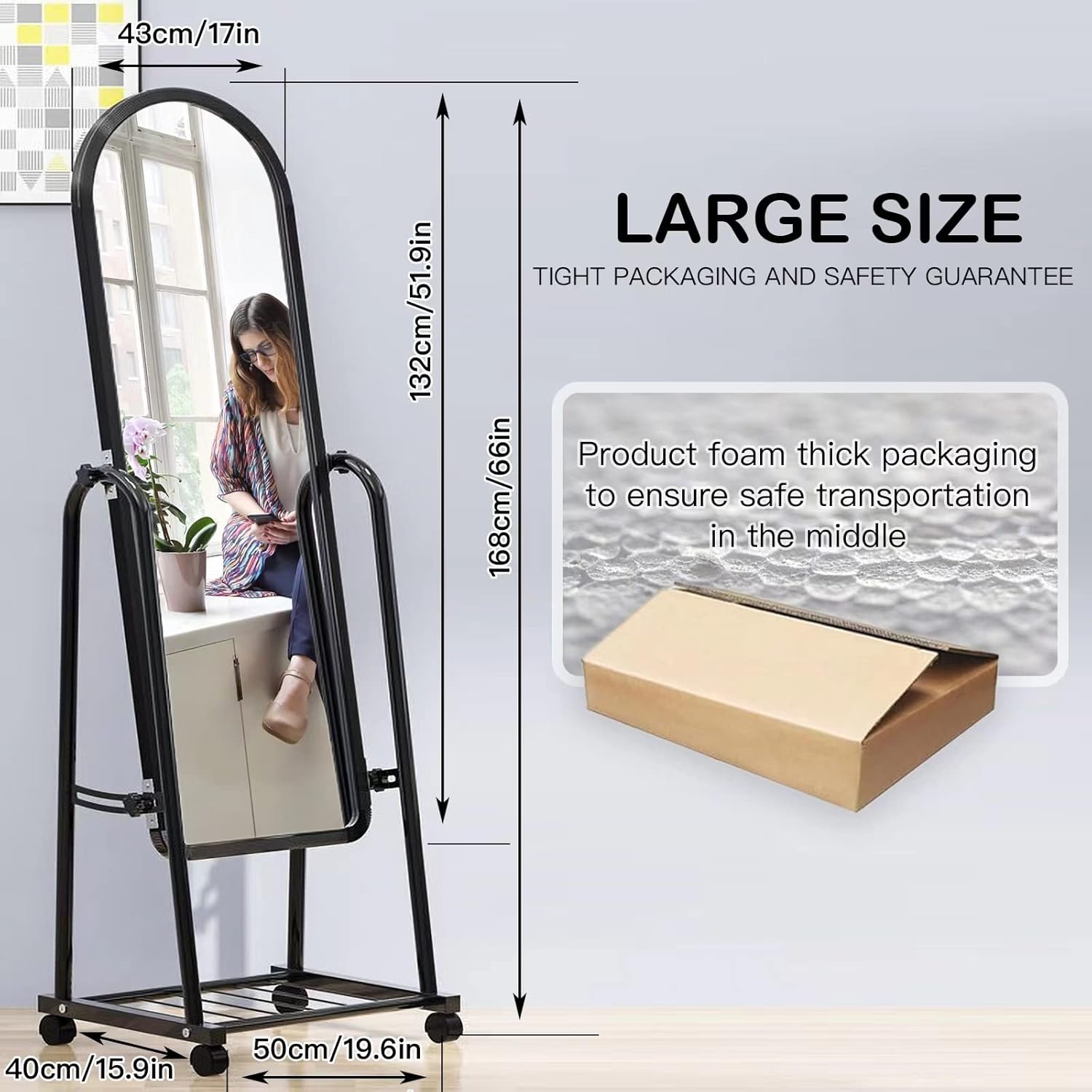 Full-Length Mirror with Bracket, 66"x17"Adjustable Stand Up on Wheels with Underneath Storage, Floor-Standing Make Up Vanity Mirror Dressing for Bedroom Bathroom Porch