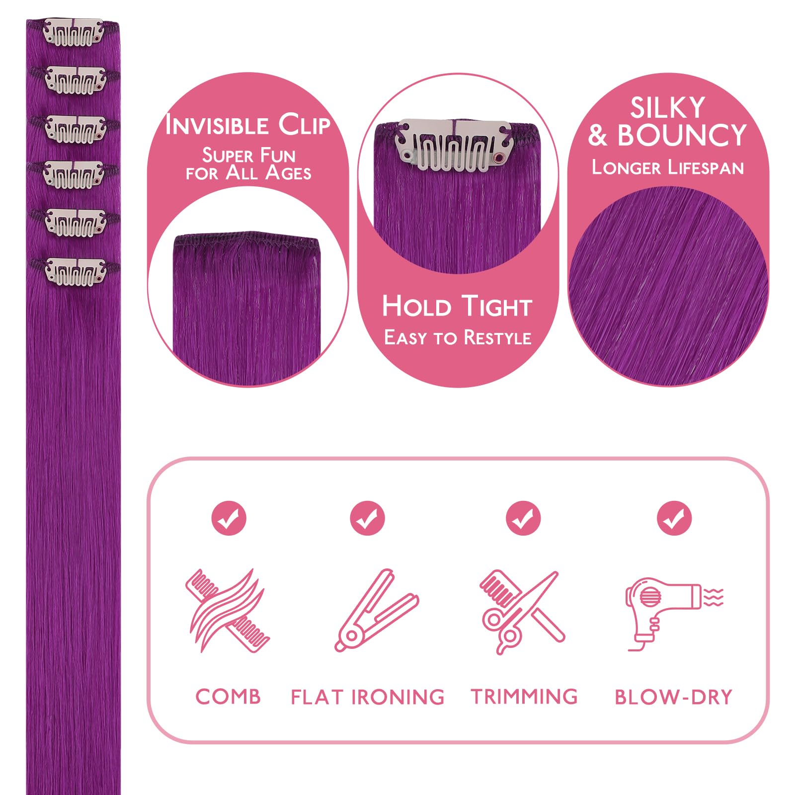 WENNALIFE Clip in Hair Extensions Real Human Hair, 24 Inch 120g 7pcs Dark Brown Human Hair Remy Clip in Hair Extensions Real Human Hair Double Weft: 20 Inch-35g-6pcs #Purple