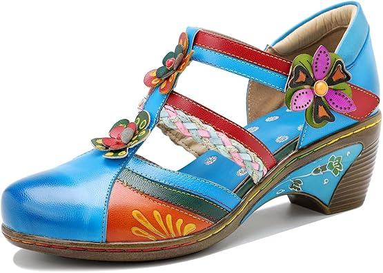 Vintage Bohemian Womens Mary Jane Shoes Handcrafted T-strap Floral Sandals Braided Straps Block Heel Pumps
