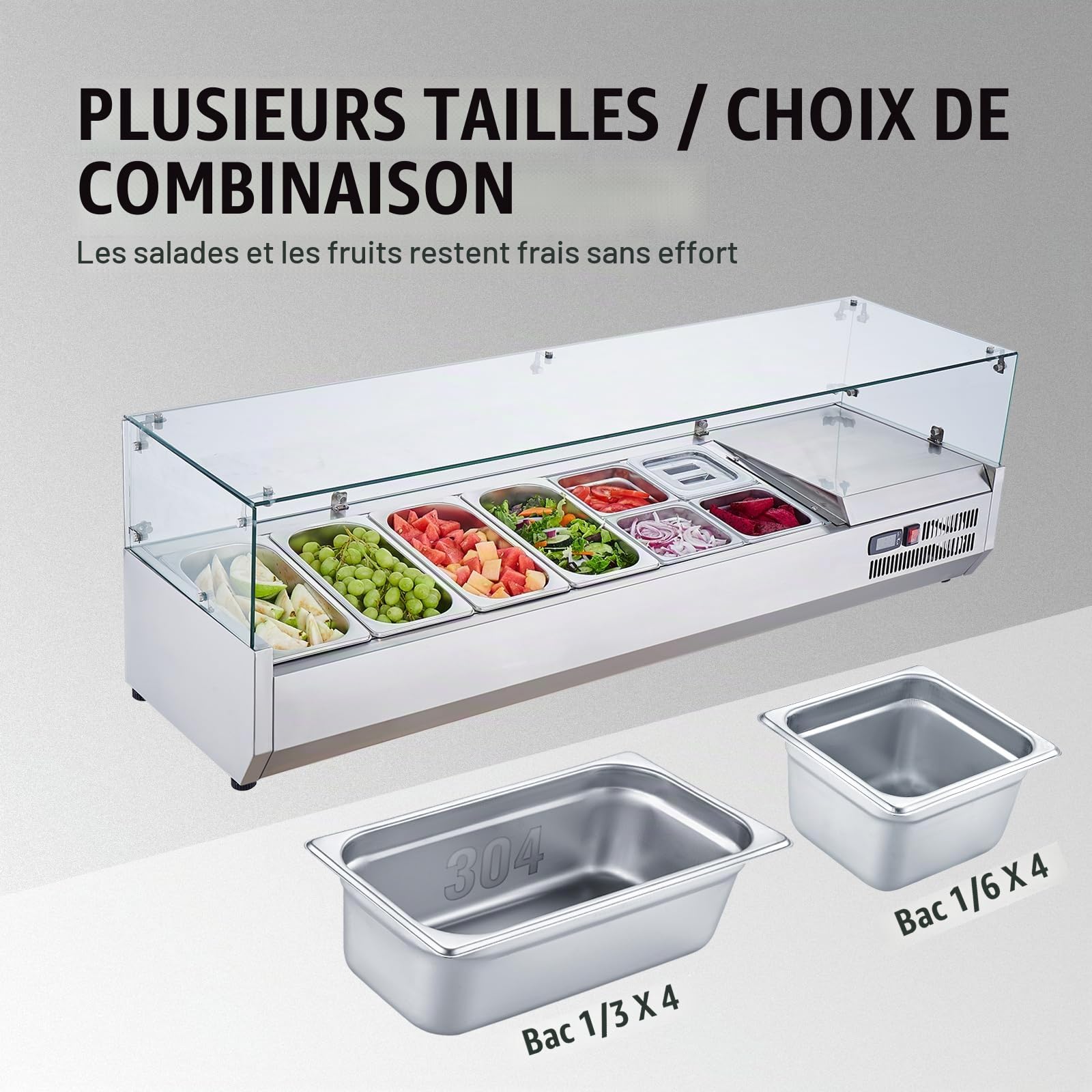 VEVOR Saladette Réfrigérée à Poser 155 W, Vitrine Réfrigérée pour Pizzeria, avec 4 1/3 Casseroles et 4 1/6 Casseroles, Corps en Inox 304 et Couvercle en PC, pour Préparation de Sandwich Ingrédients