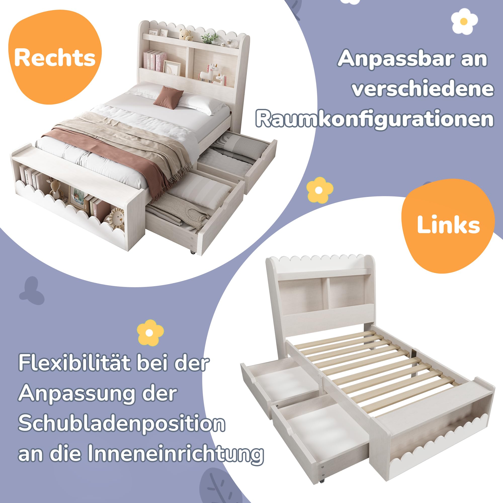 Lettino singolo con cassetti, ripiano e panchina con vano portaoggetti, letto in legno 90 x 200 cm, struttura del letto e rete a doghe in legno, bianco con rovere (senza materasso)