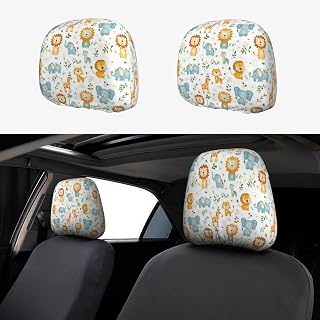 Babies Hand Draw Animals 1 Print Headrest Covers for Cars | 2 Pcs Soft Elastic, Car Rest Interior Protection, Universal Reusable, Anti-Dirty Accessories, For Most Cars, Vans, Trucks