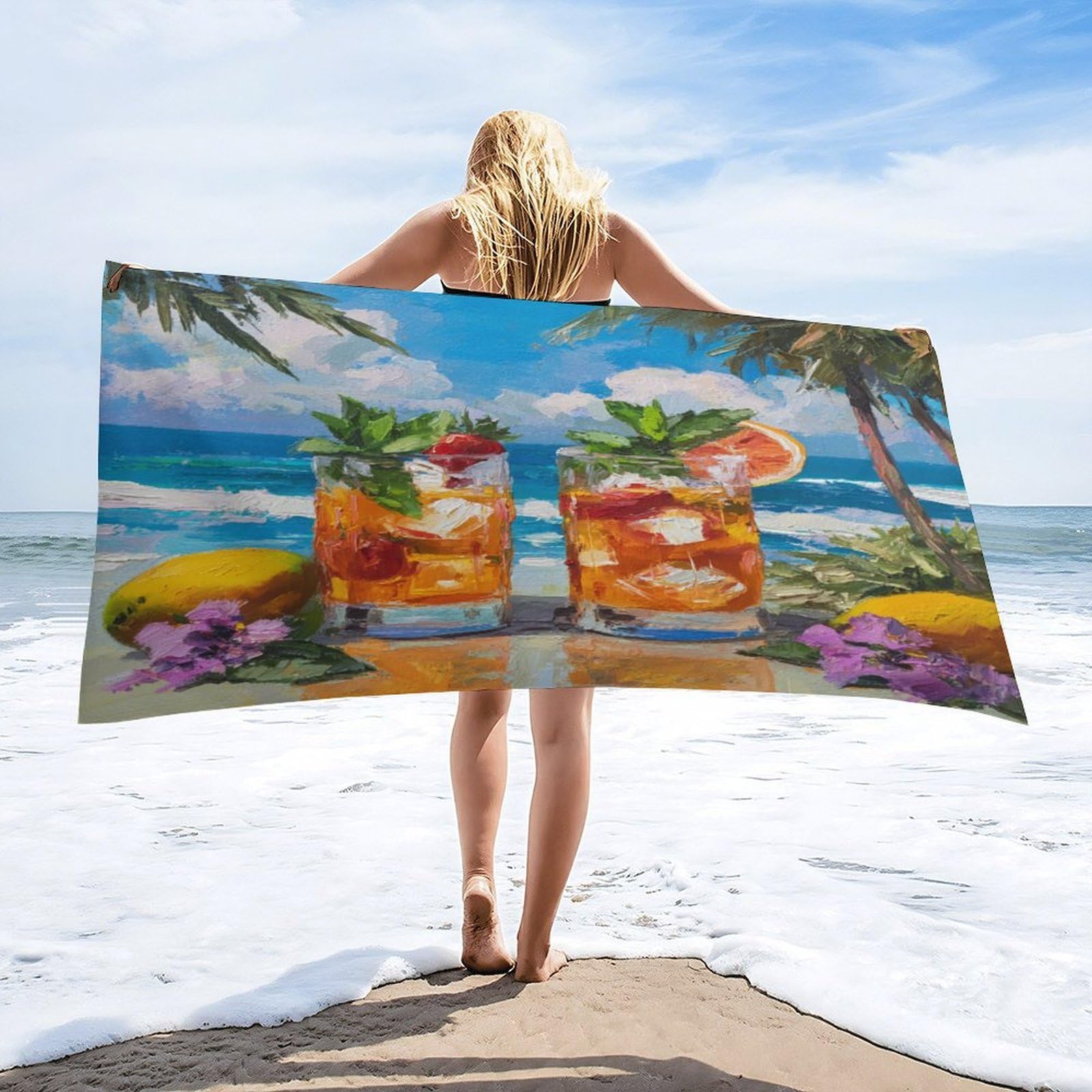Luyysky Classic Abstract Tropical Fruit Absorbent Beach Towel, Nautical Watercolor Ocean Seaside Beach Plant Palm Trees Outdoor Single-Sided Velvet Beach Towel-80 W Cm X 160" L Cm