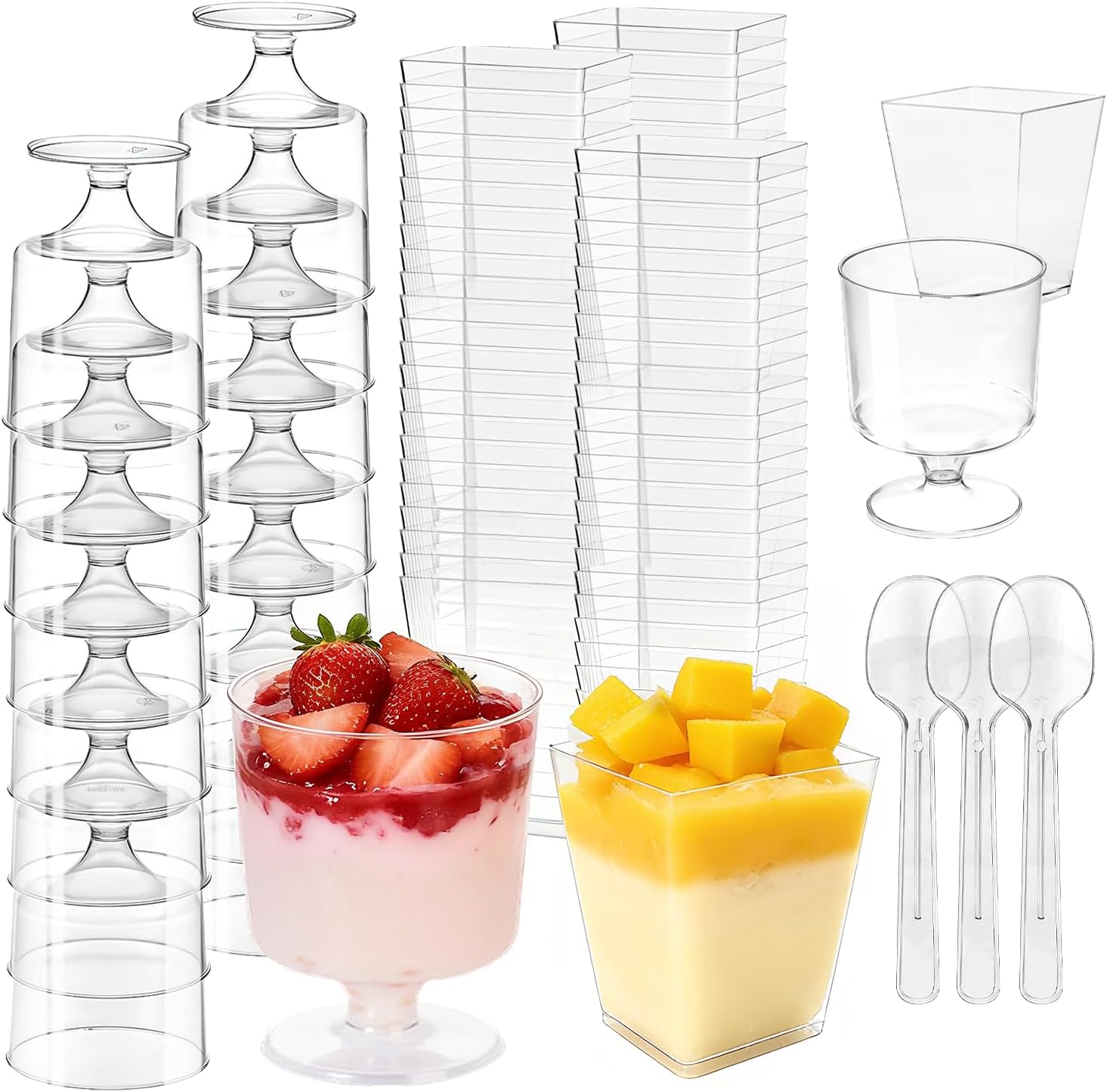 200 Pack 5 oz Plastic Dessert Cups with Spoons, Disposable Parfait Shooter Pudding Jello Cups Goblets for Party, Clear Square Fruit Yogurt Ice Cream Bowls for Trifle Mousse Appetizer Snack Candy