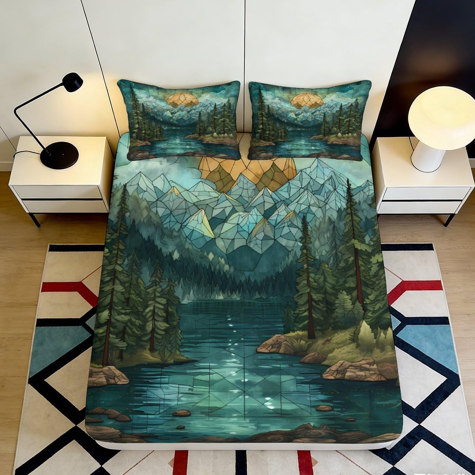 3D Printed Forest Lake Fitted Sheet Microfiber Soft Mountain Landscape Bed Cover Non-slip for Bedroom Guest Room 140x200x25cm