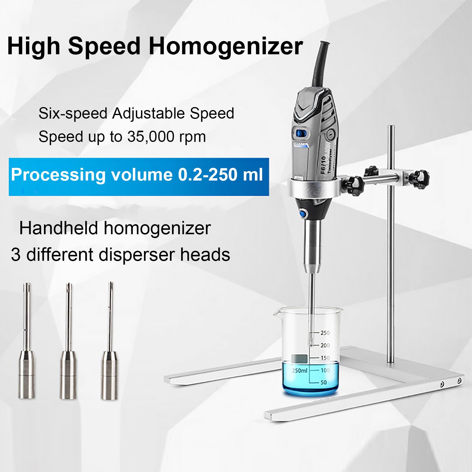 Homogeneizador de alta velocidad, 5000-35000 rpm, con soporte, capacidad de procesamiento 0,2-250 ml, ajuste de velocidad de 6 niveles, ideal para cosméticos, revestimientos y pulpa de papel