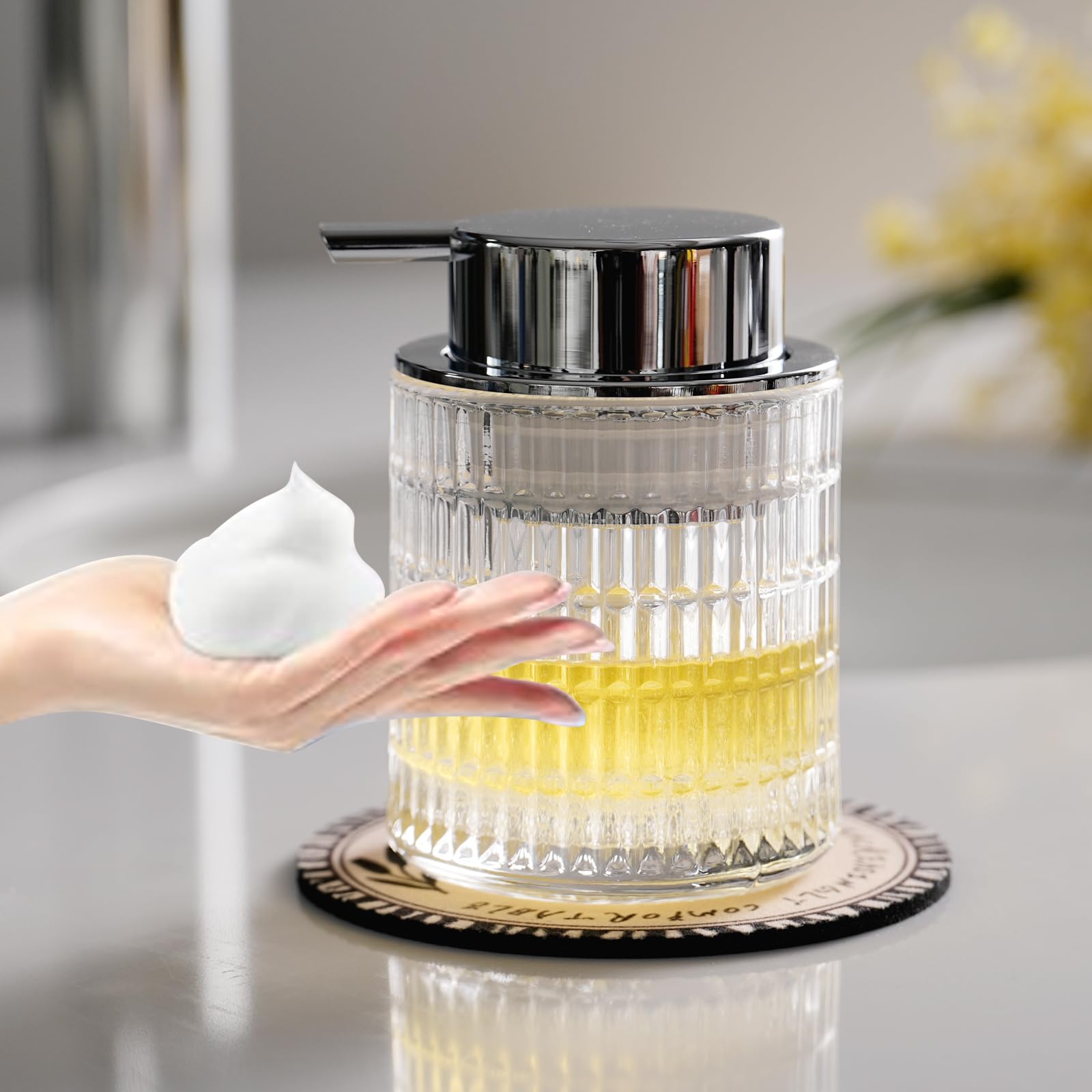 CICUFY Foaming Hand Soap Dispenser, Glass Foam Soap Dispenser or Lotion Dispenser for Kitchen & Bathroom Refillable Liquid Soap Dispenser with Large Silver Pump(Striped Pattern-Clear)