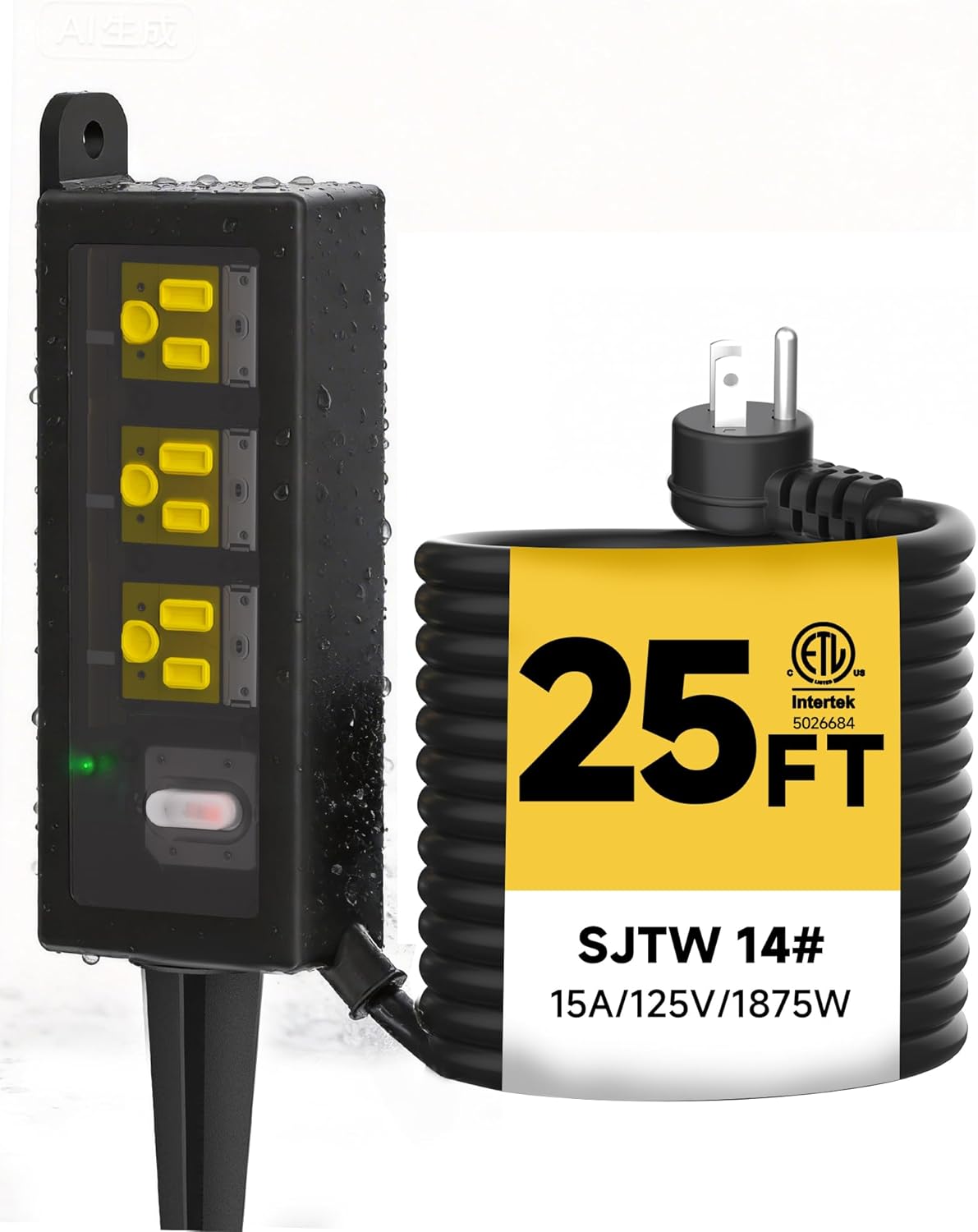 Outdoor Extension Cord, 3 Wide Outlets, 1875W/15A, 25FT 14AWG Heavy Duty SJTW Power Strip with Surge Protector, All-Weather & IP66 Waterproof, Ideal for Backyard, Patio, Garden, Pool, Garage