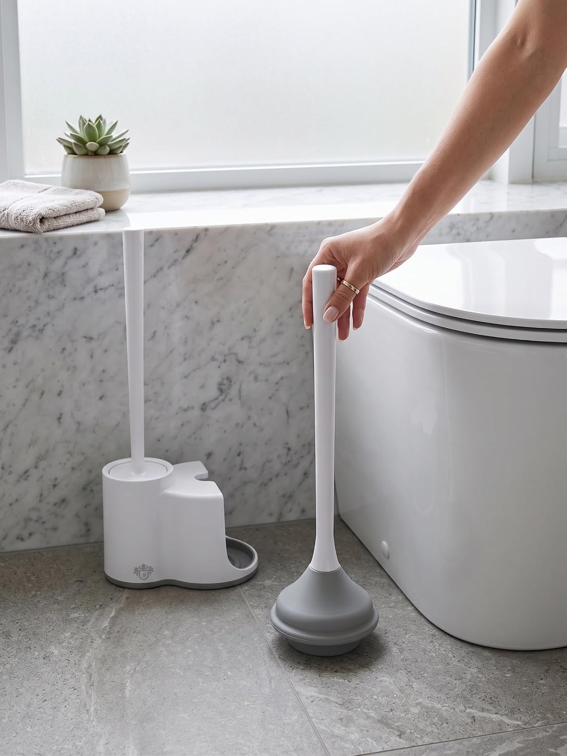 2-in-1 Heavy Duty Toilet Plunger and Brush Set with Holder, White and Gray