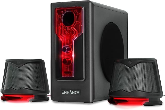 ENHANCE SB 2.1 Computer Speakers - Gaming Speakers, Red LED Computer Speakers with Subwoofer, High Excursion Sound System, Volume and Bass Control, Compatible with Gaming PC, Desktop, Laptop