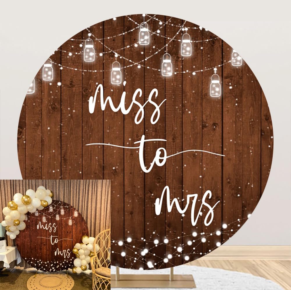 Laeacco 7.2x7.2ft Wood Miss to Mrs Round Backdrop Rustic Wooden Planks Circle Backdrop White String Lights Arch Backdrop Bridal Shower Wedding