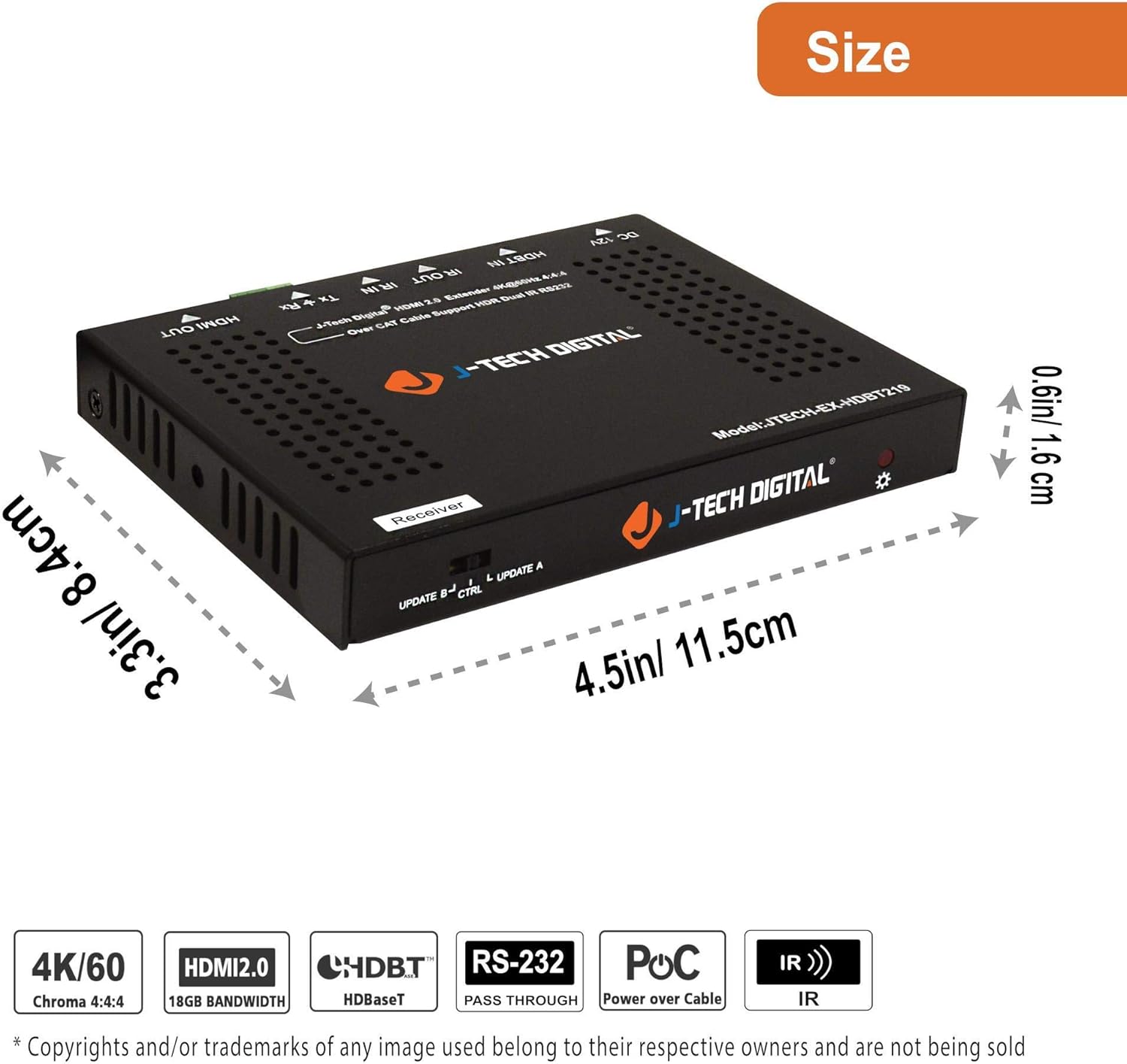 J-Tech Digital HDBaseT 4K@60HZ HDMI Extender 4K@60HZ 4:4:4, HDMI 2.0 Over Single Cable CAT5e/6A up to 230ft (1080P) 131ft(4K) Supports HDMI 2.0 18Gbps, HDR, HDCP 2.2, RS232, Bi-Directional IR