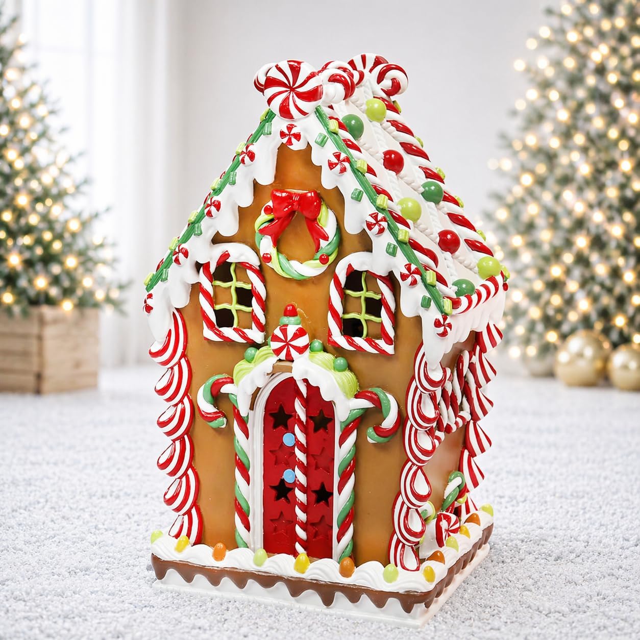 MOMENTS IN TIME 11”H LED Lighted Gingerbread House Hand-Painted Polyresin Christmas Village Décor Battery Operated Holiday Decoration Light Up Gingerbread House with Festive Details