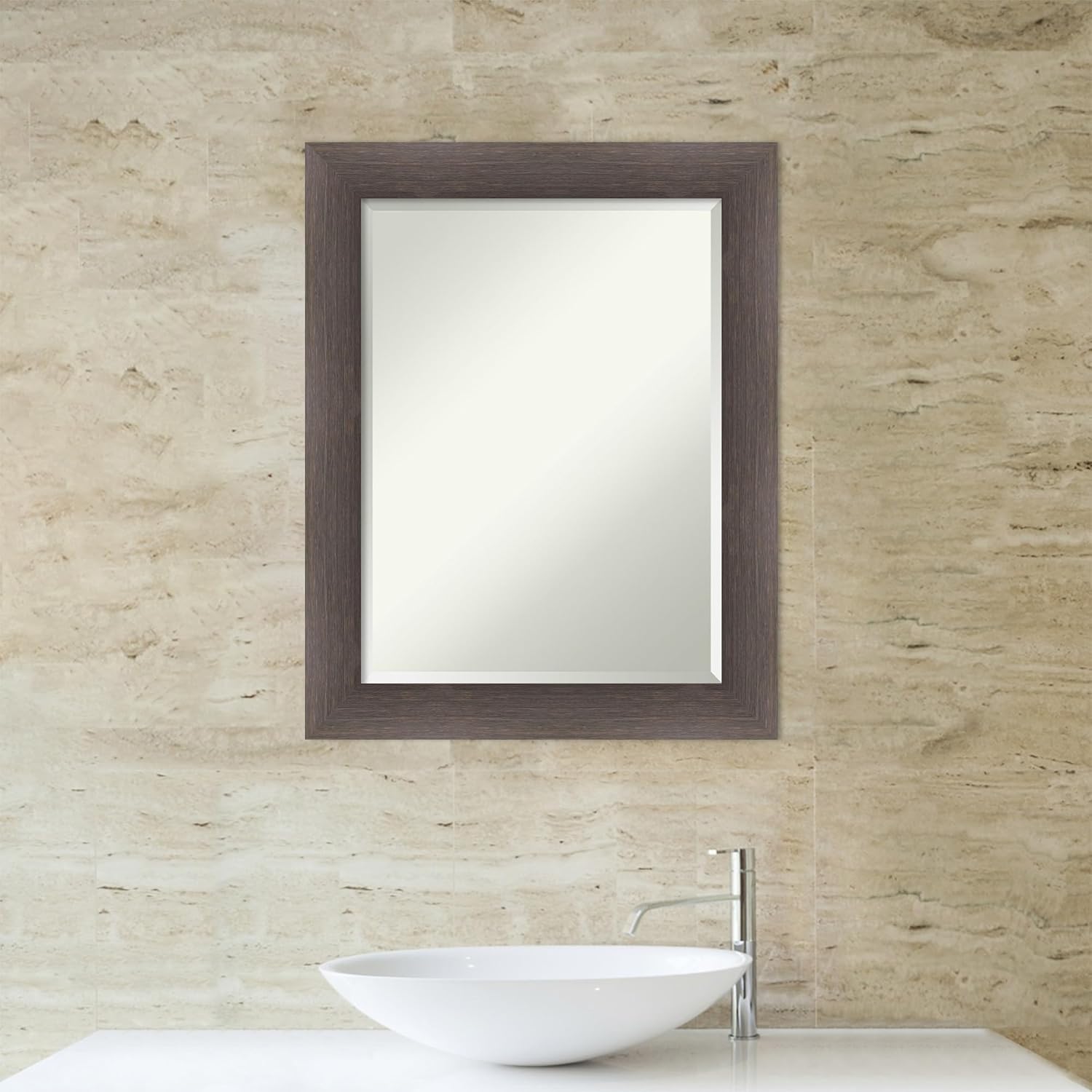 Amanti Art Brown Bathroom Mirror for Over Sink, 29x23 Hardwood Chocolate Rectangle Vanity Mirror, Medium Country Rustic Wood Frame, Hangs Horizonally and Vertically, Bathroom Wall Decor, Beveled Edge