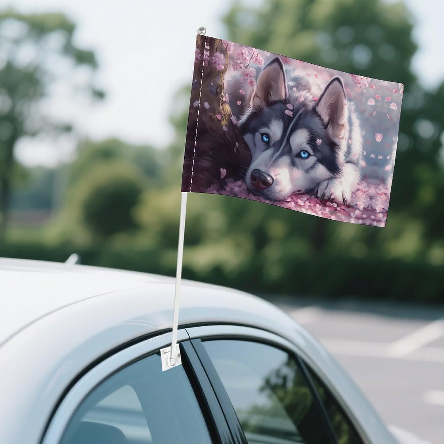 Cute Dog Husky Car Flag Polyester Clip Flags Mini Handheld Banners for Auto Outside Travel Decor image 4