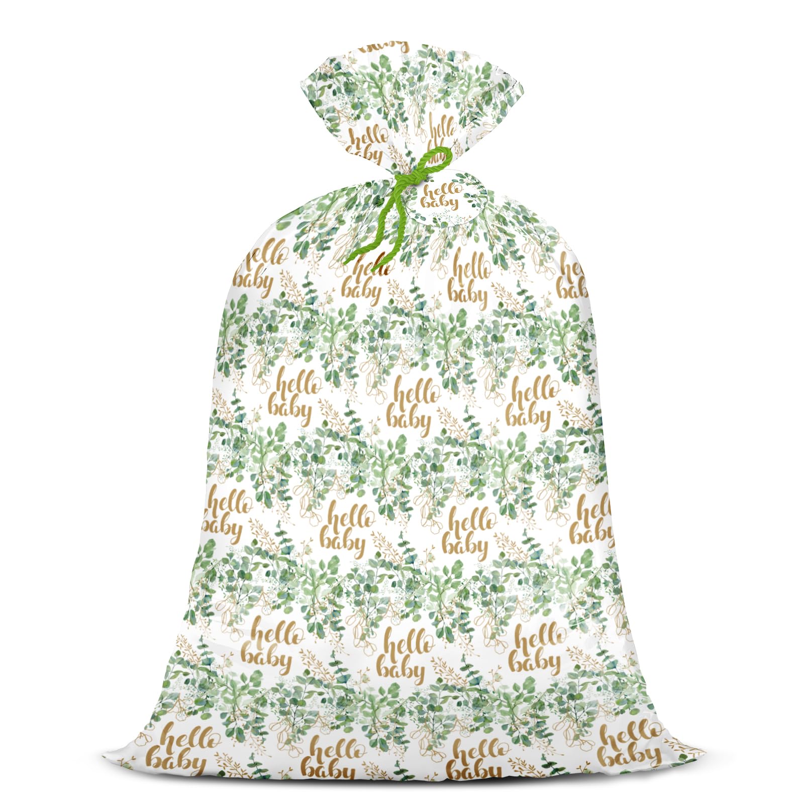 WRAPAHOLIC 56" Extra Large Neutral Baby Plastic Gift Bag - Eucalyptus Leaves Jumbo Bike Bag Gift Wrap for Baby Shower Favors Holiday - 56" H x 36" W